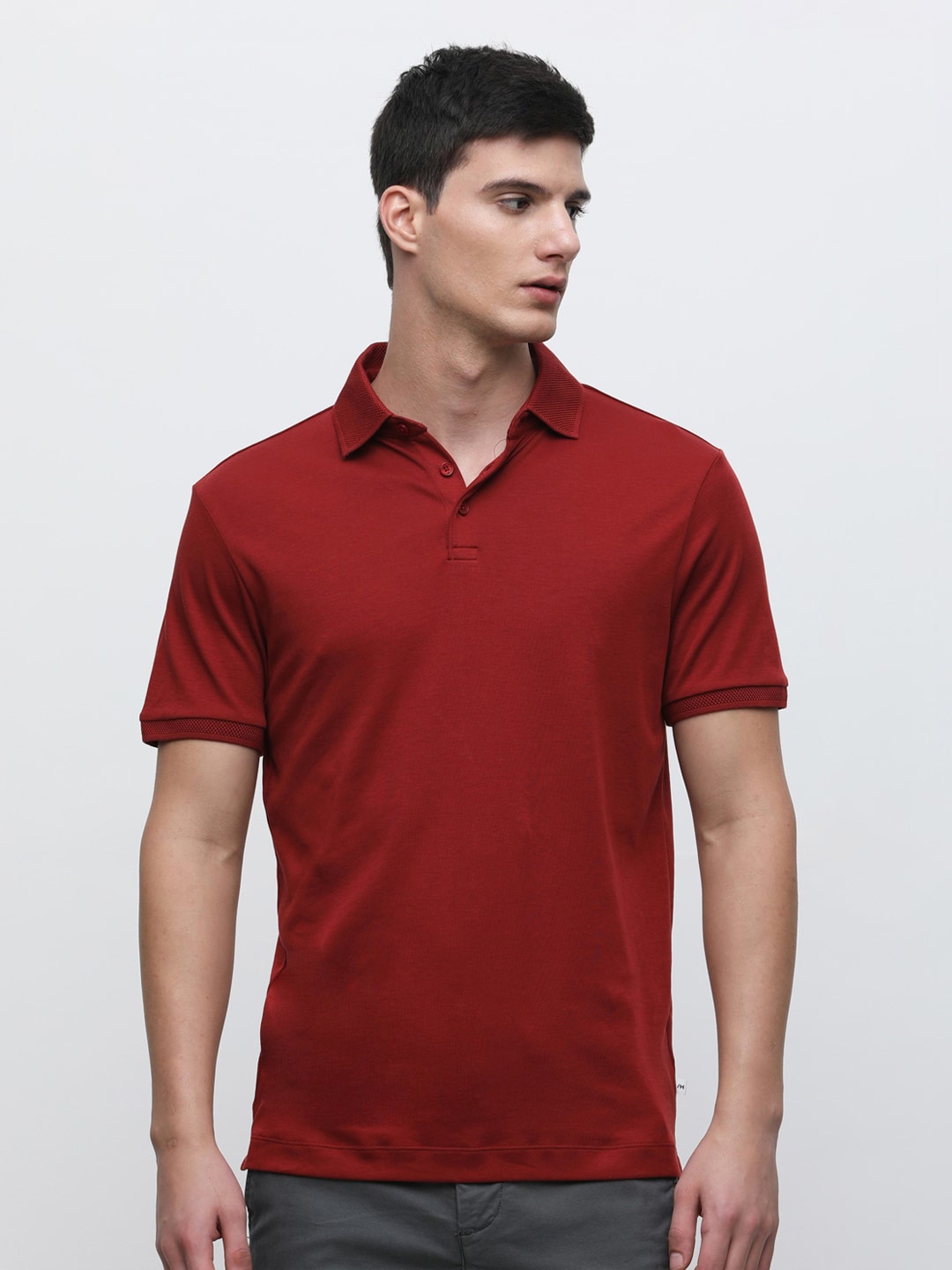 

SELECTED Polo Collar Cotton Slim Fit T-shirt, Red