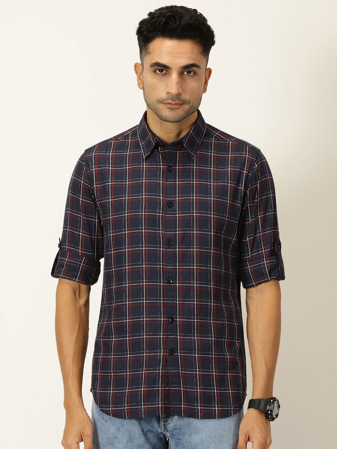 

Harvard Classic Slim Fit Tartan Checked Opaque Pure Cotton Casual Shirt, Navy blue