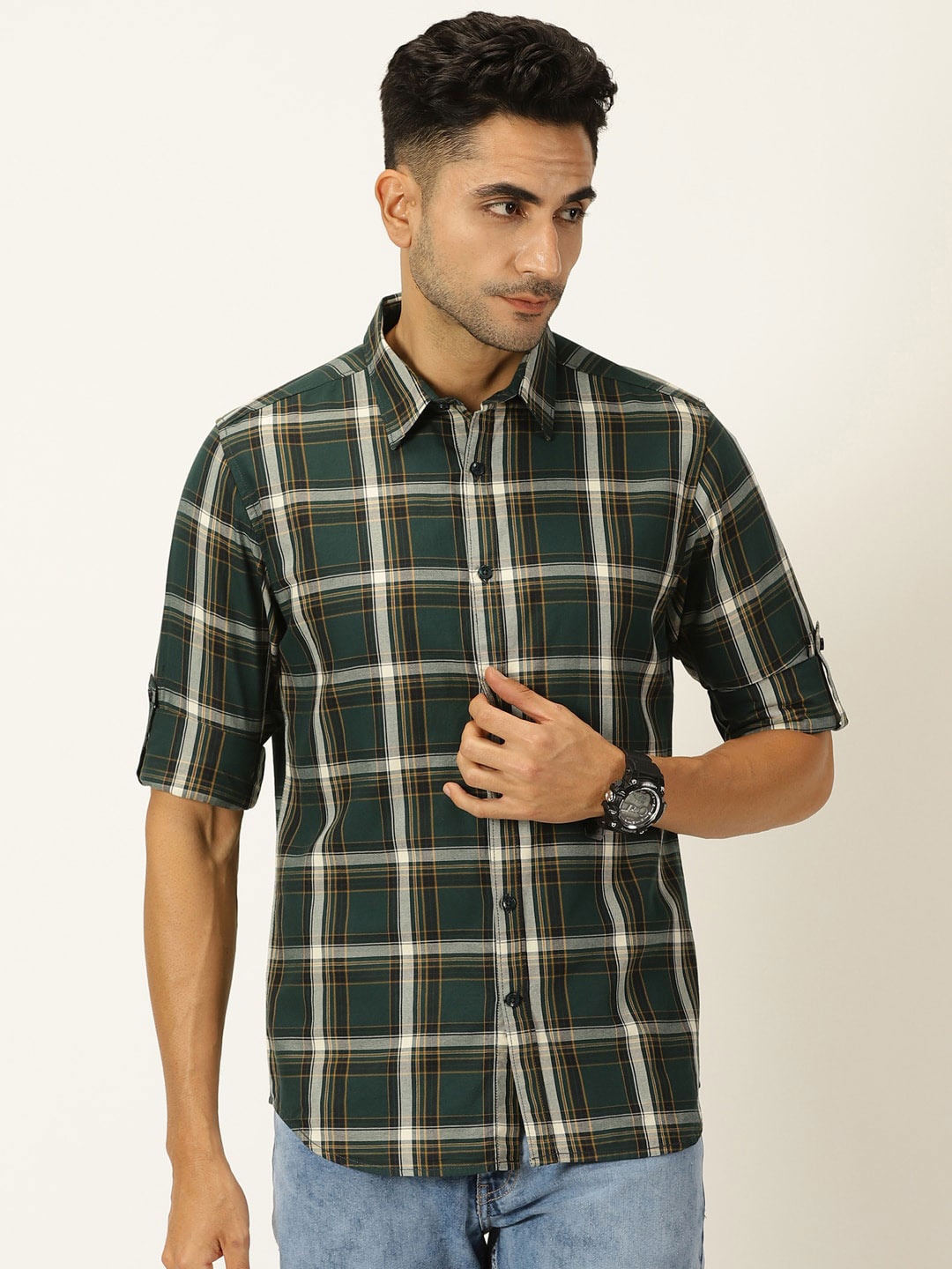 

Harvard Classic Slim Fit Tartan Checked Opaque Pure Cotton Casual Shirt, Green