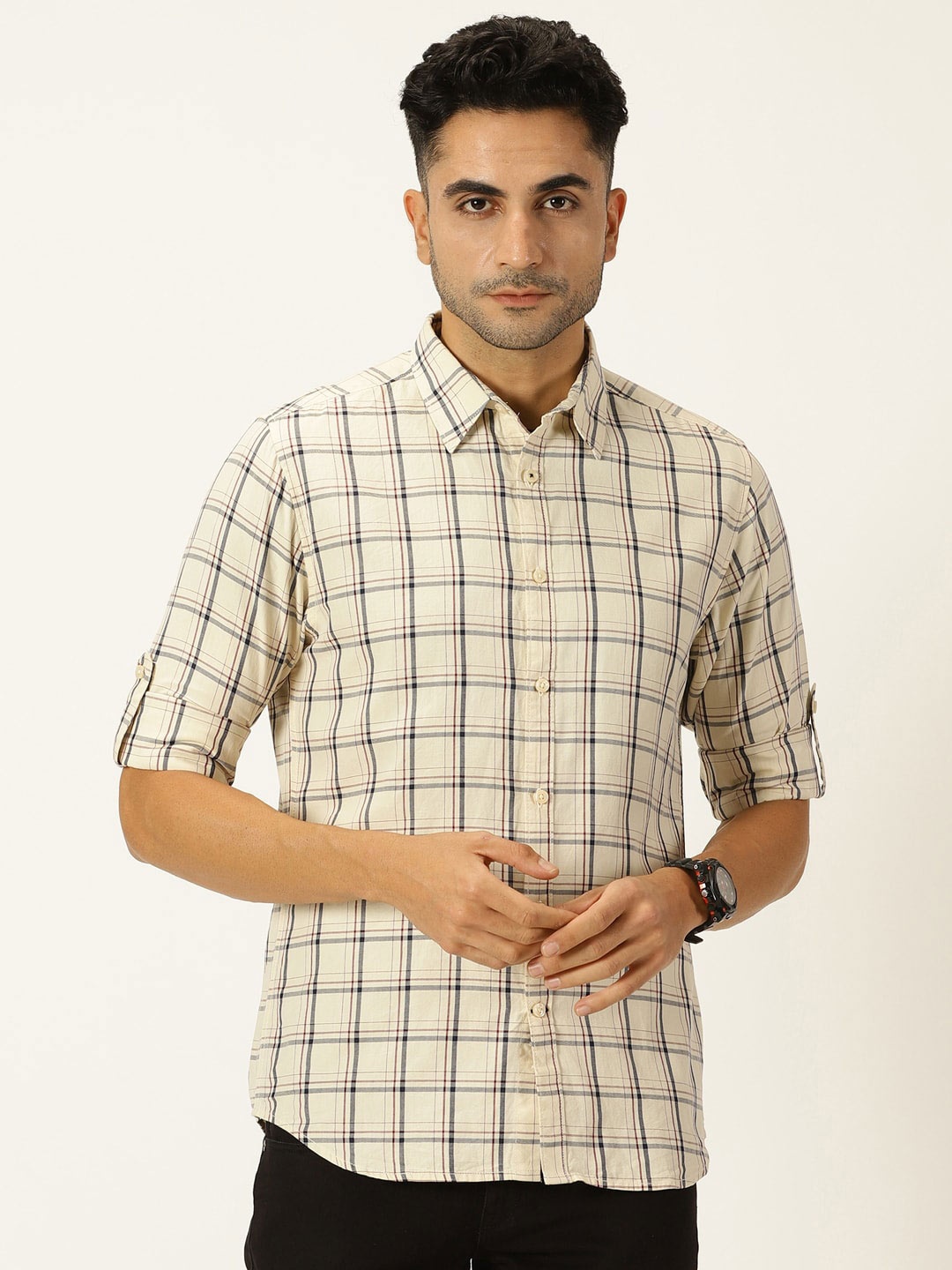 

Harvard Classic Slim Fit Tartan Checked Opaque Pure Cotton Casual Shirt, Cream