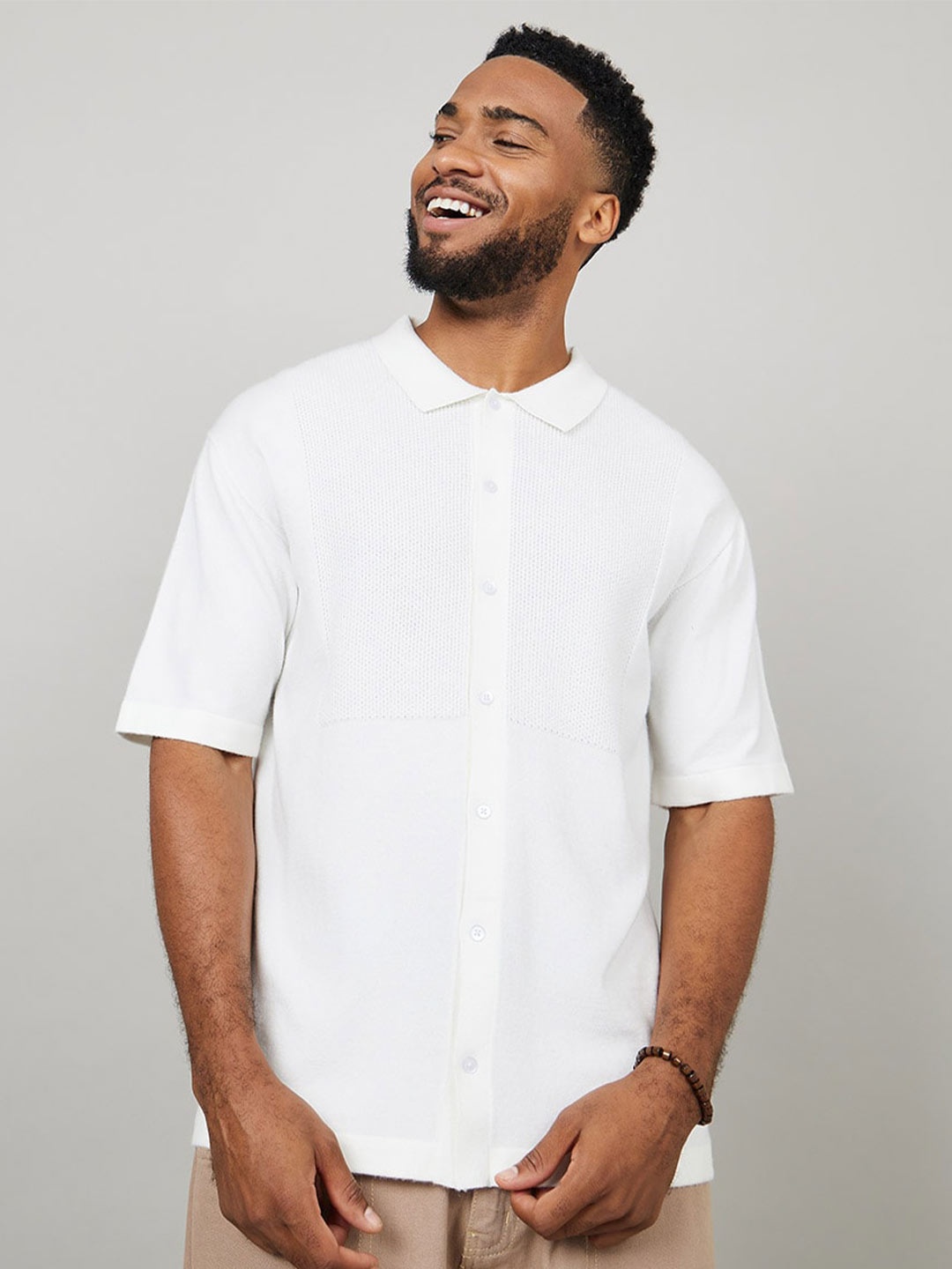 

Styli White Textured Cutaway Collar Casual Oversized Shirt