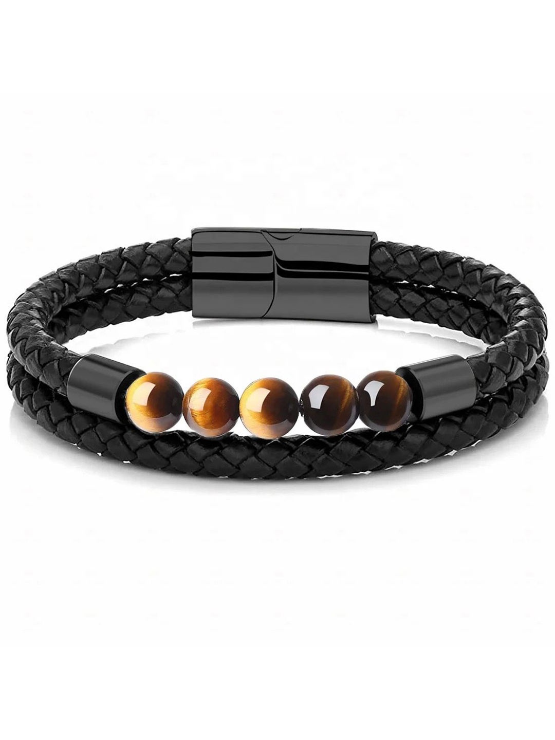 

KRYSTALZ Men Leather Tigers Eye Link Bracelet, Black