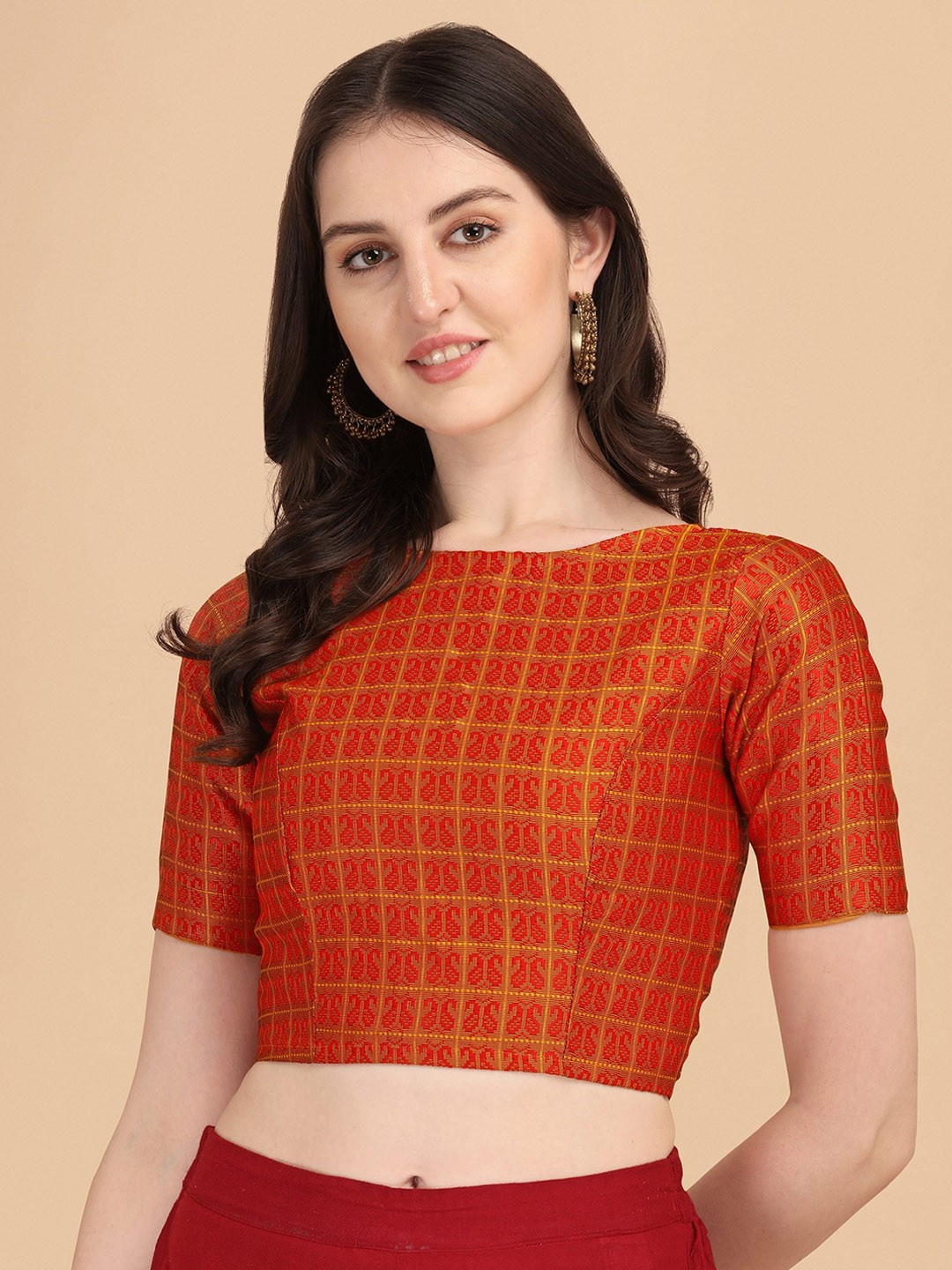 

Oomph! Woven Design Boat Neck Short Sleeve Art Silk Saree Blouse, Orange