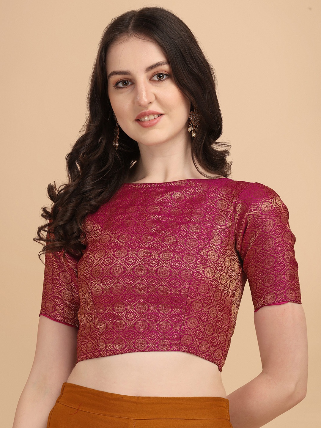 

Oomph! Woven Design Boat Neck Short Sleeve Art Silk Saree Blouse, Pink