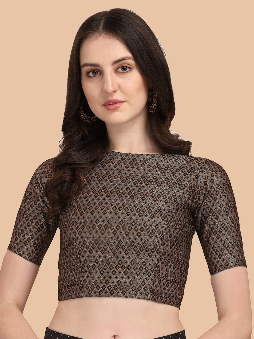 

Oomph! Woven Design Boat Neck Short Sleeve Art Silk Saree Blouse, Grey