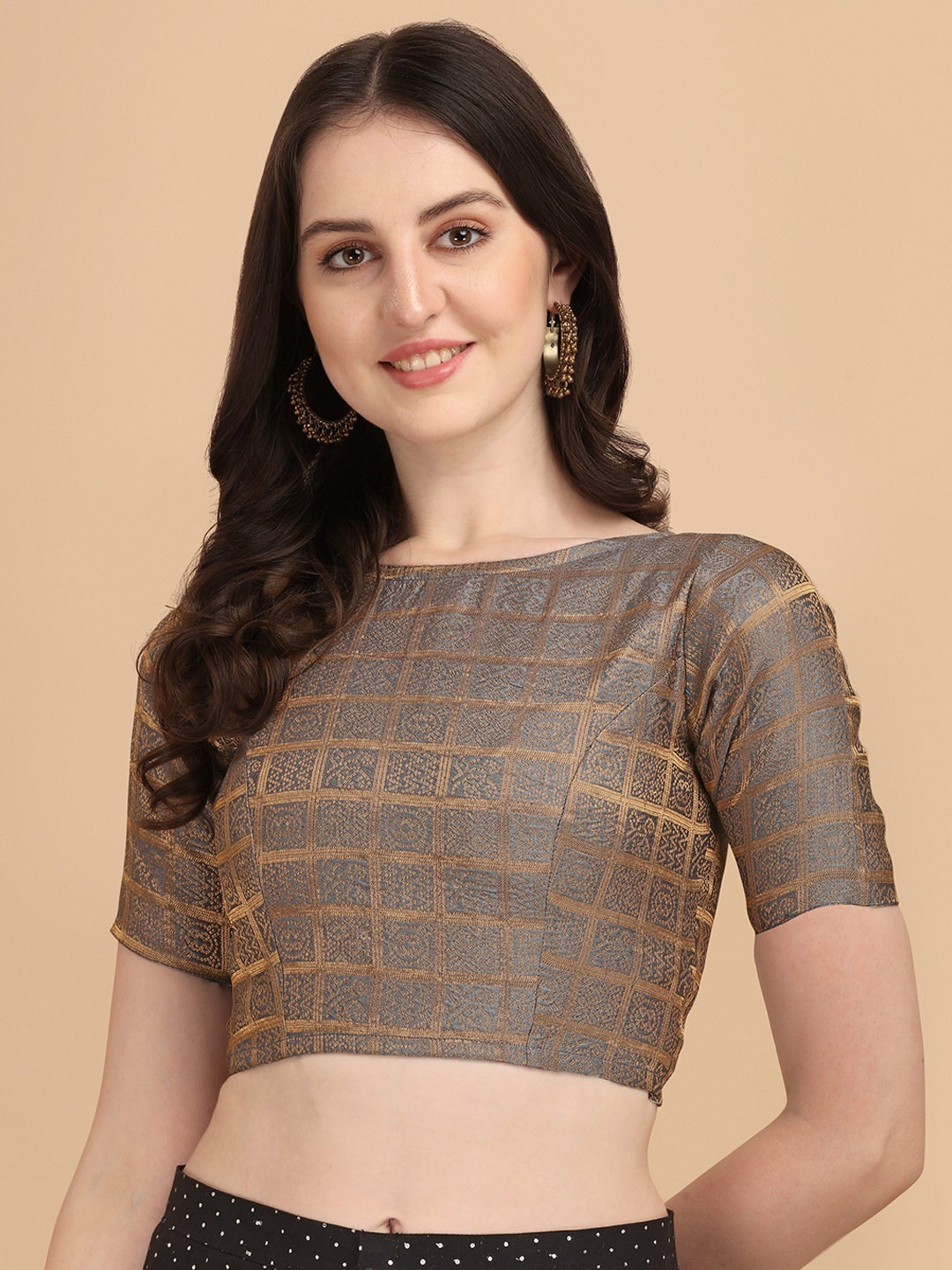 

Oomph! Woven Design Boat Neck Short Sleeve Art Silk Saree Blouse, Grey