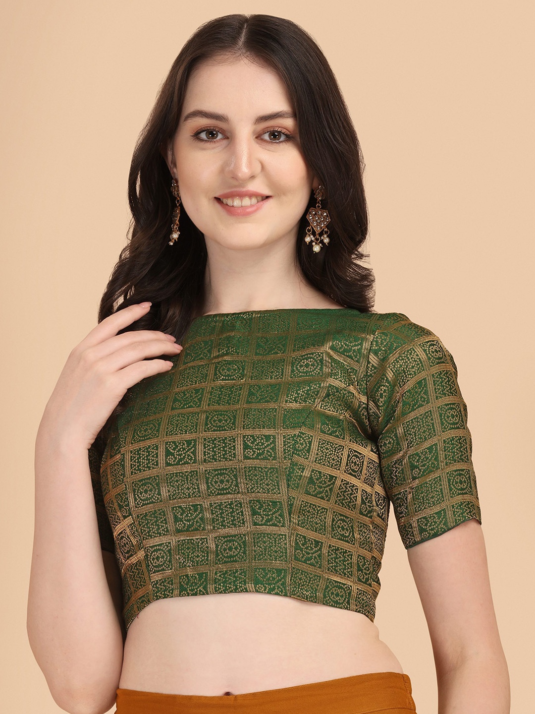 

Oomph! Woven Design Boat Neck Saree Blouse, Green