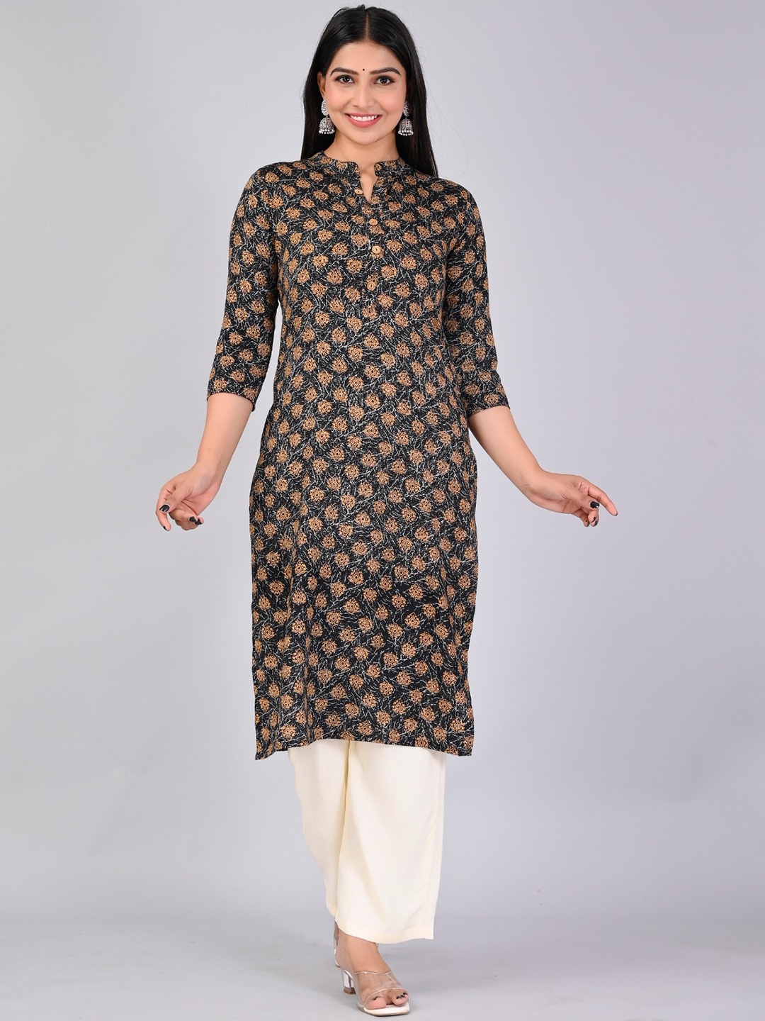 

MAUKA Ethnic Motifs Printed Regular Kurta with Trousers, Black