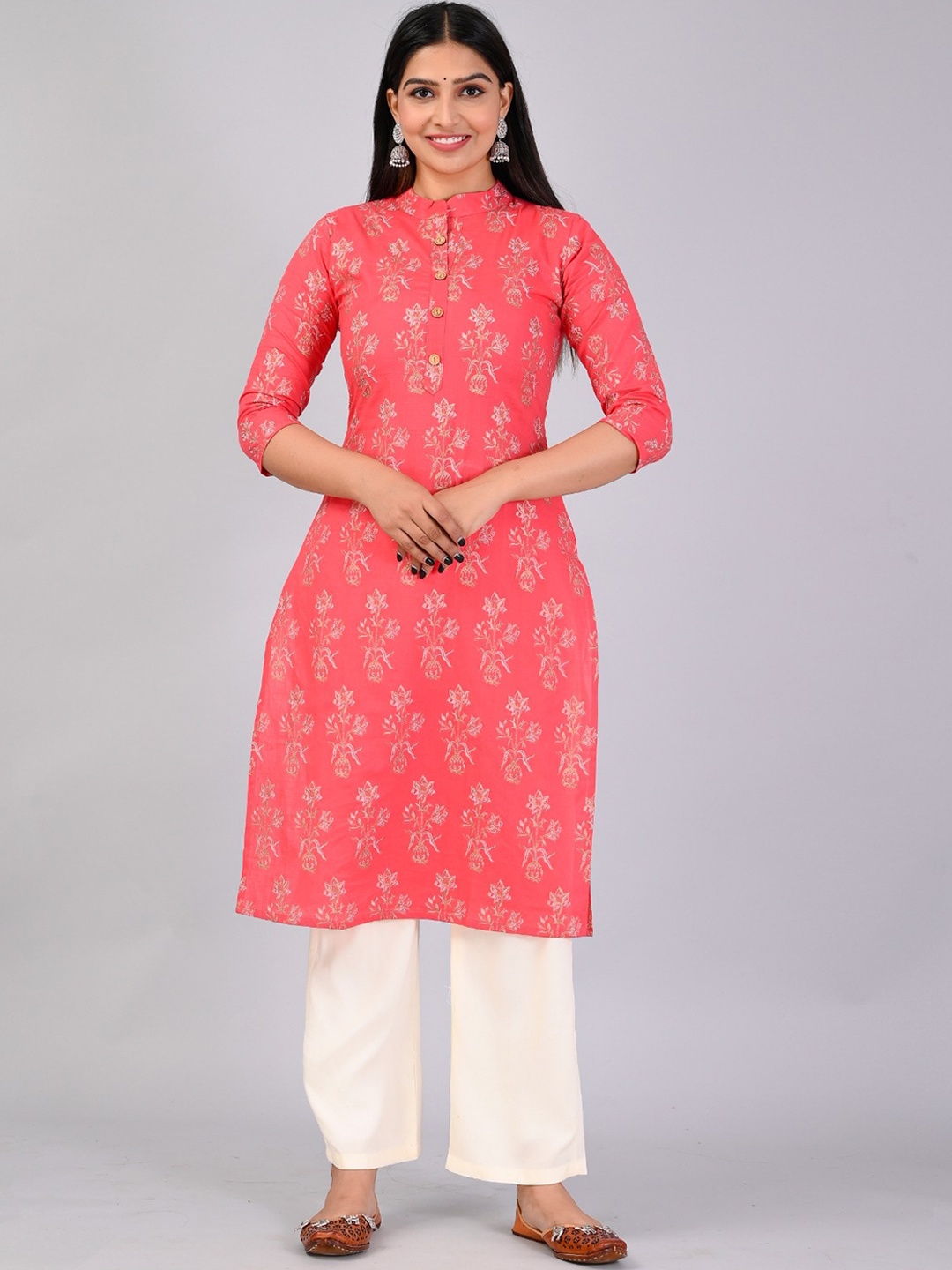 

MAUKA Ethnic Motifs Printed Regular Kurta with Palazzos, Pink
