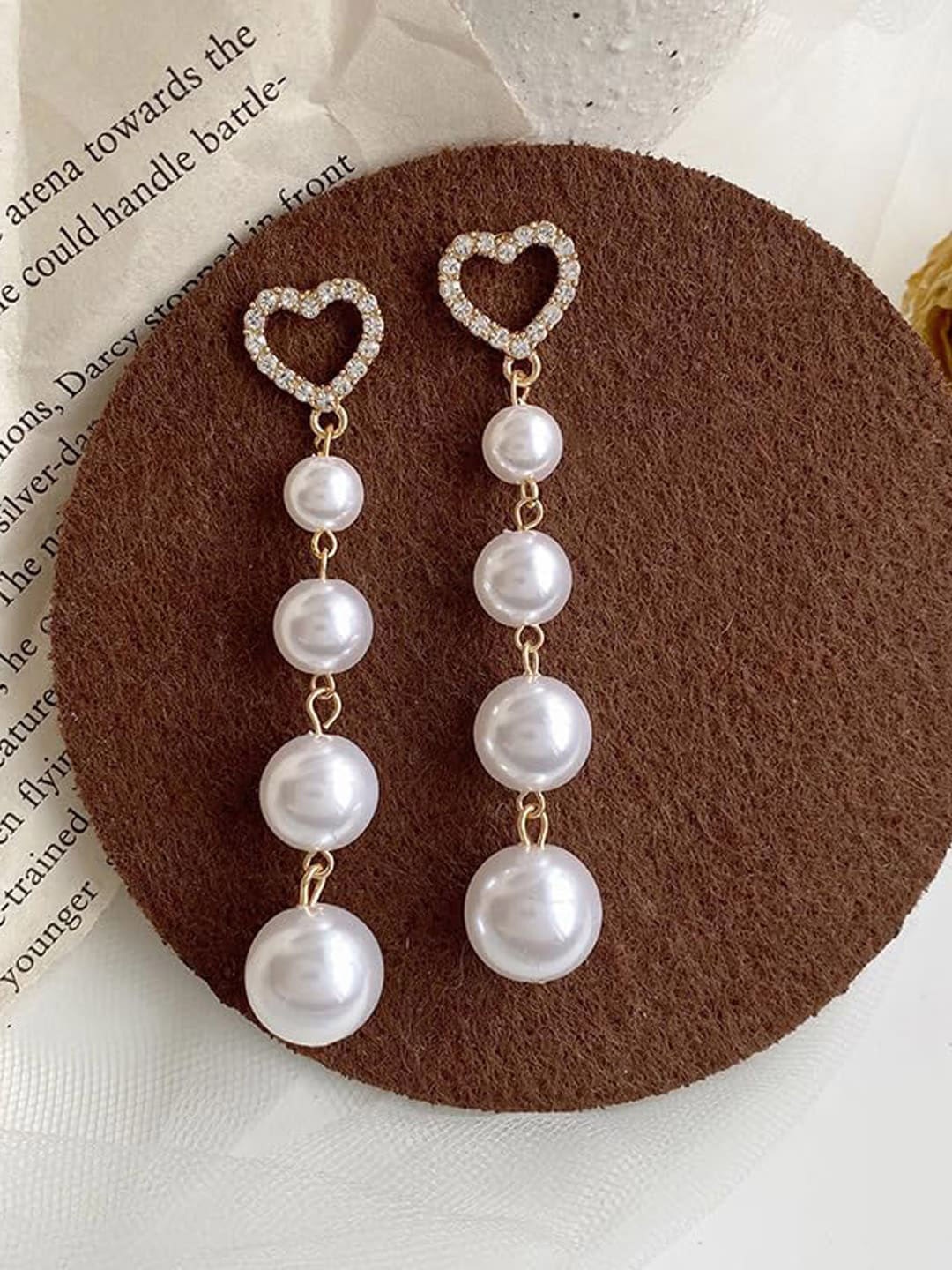 Krelin Gold-Plated Stones Studded & Beads Beaded Heart Shaped Drop Earrings