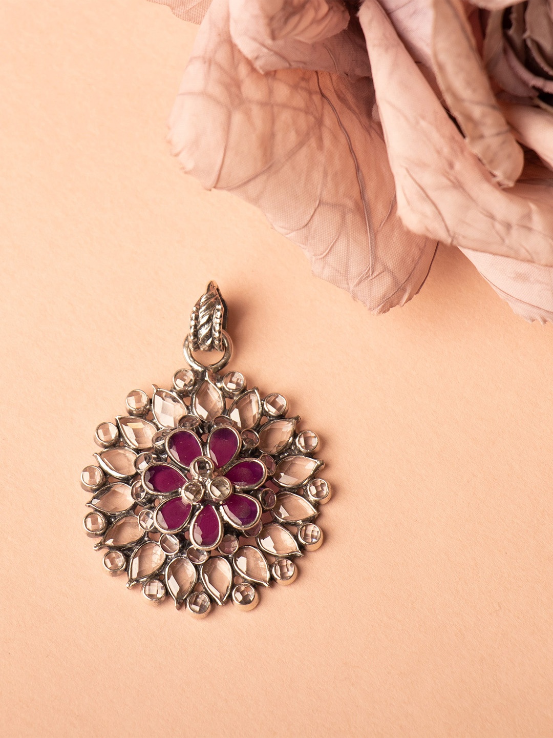 

Shyle 92.5 Sterling Silver Stones-Studded Flower Pendant