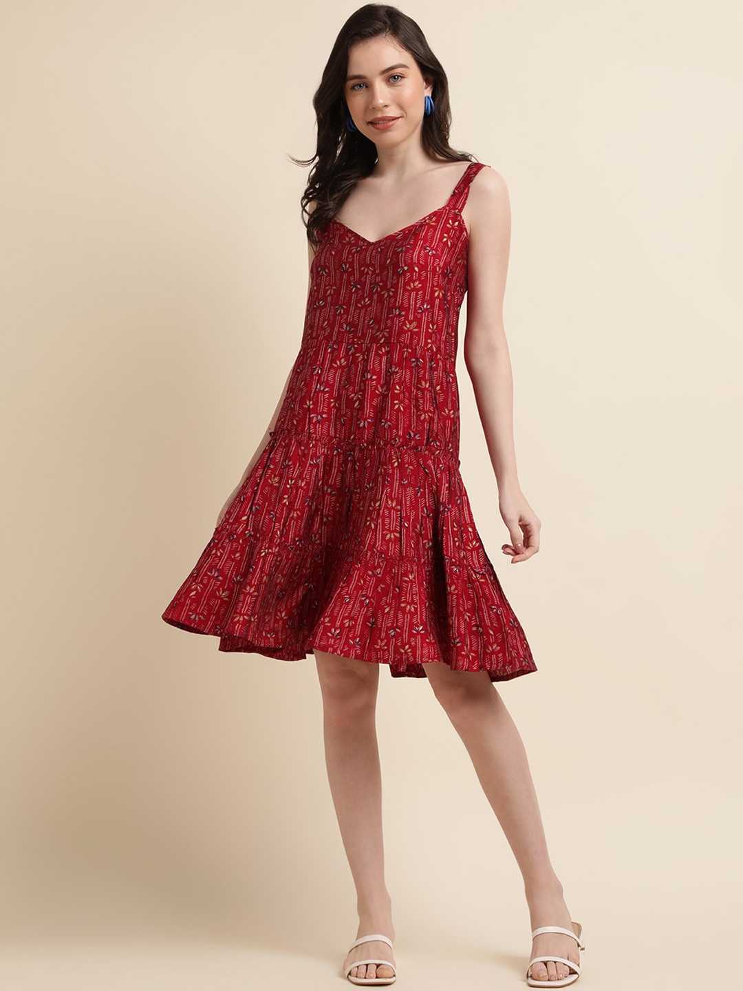 

Sangria Ethnic Motifs Printed Tiered A-Line Dress, Red