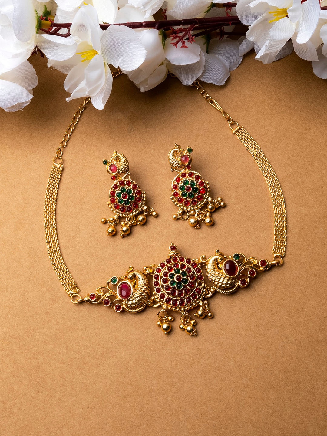 

StileAdda Gold-Plated Stone-Studded & Beaded Necklace & Earrings