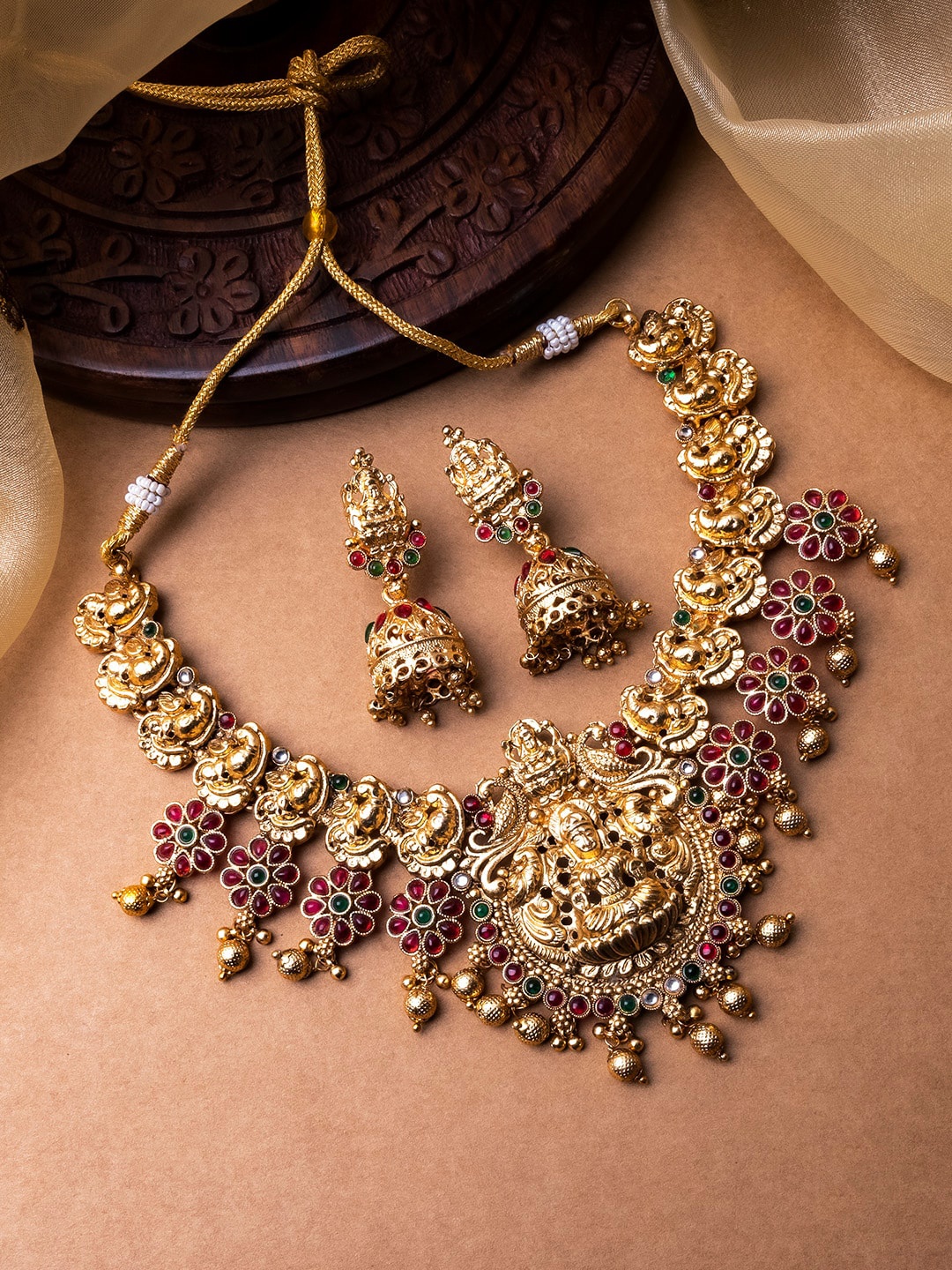 

StileAdda Gold- Plated Stone-Studded & Beaded Temple Necklace & Earrings, Red