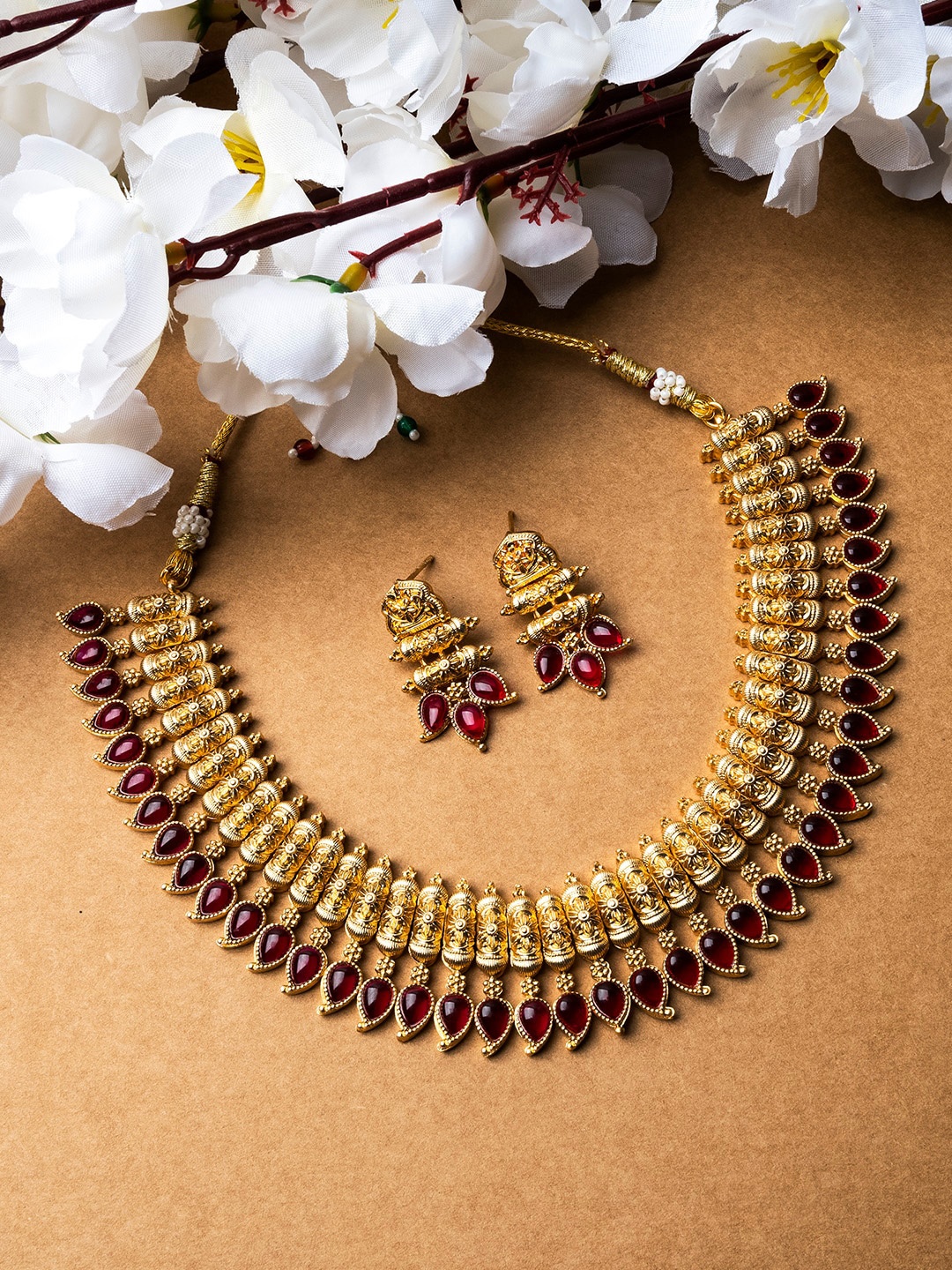 

StileAdda Gold-Plated Stone-Studded & Beaded Mango Patti Necklace & Earrings