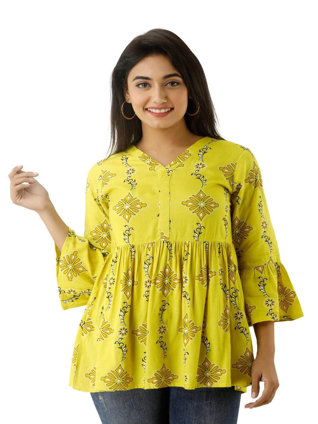 

KALINI Printed V-Neck Pleated Anarkali Kurti, Yellow