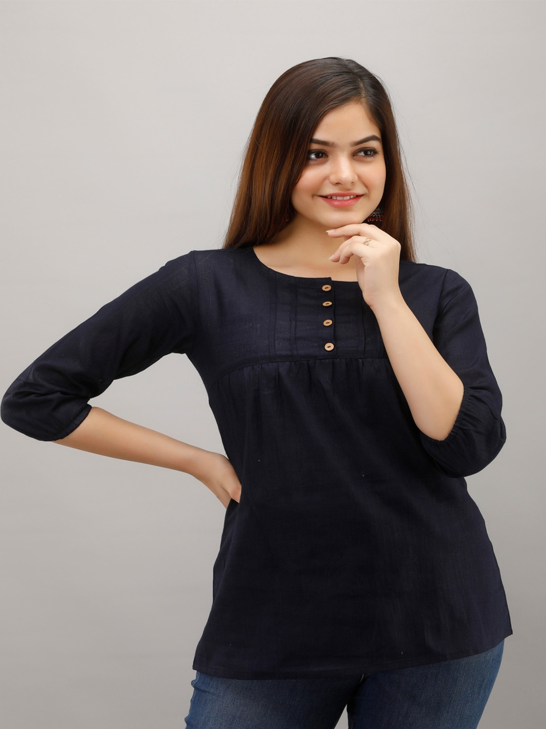 

KALINI Round Neck Straight Kurti, Blue