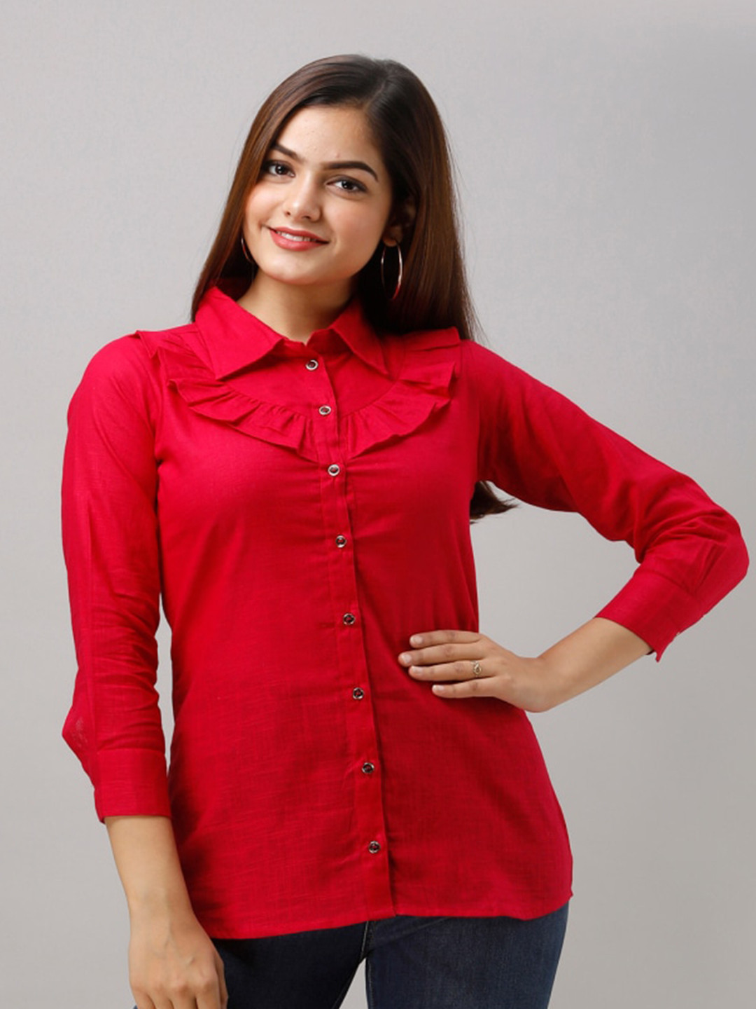

KALINI Spread Collar Ruffled Cotton Casual Shirt, Red