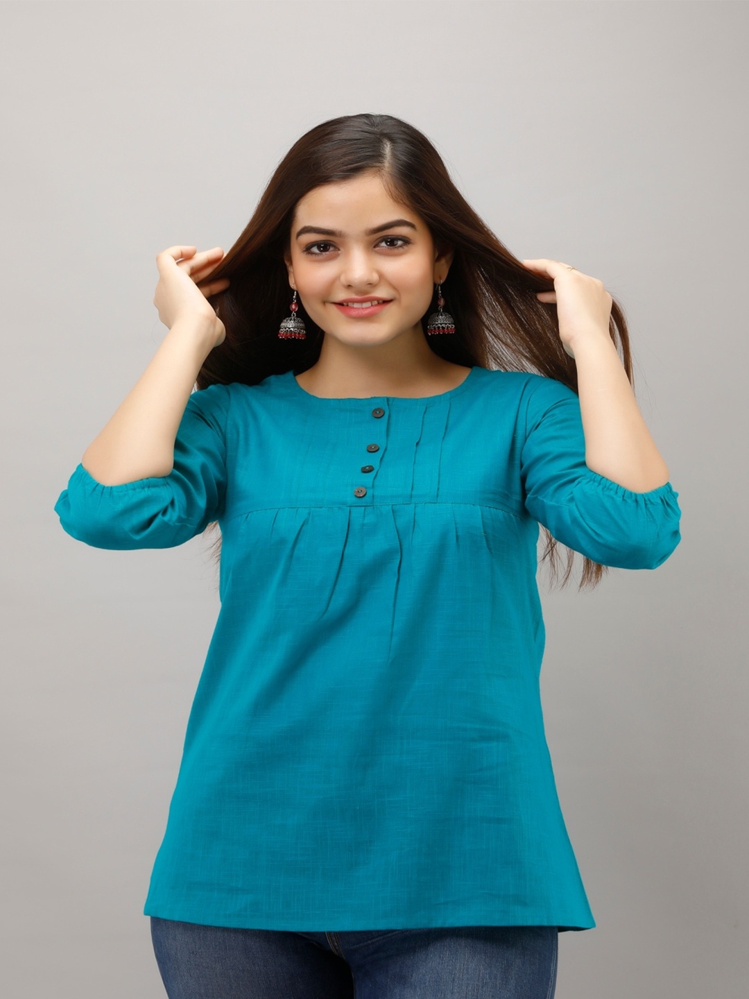 

KALINI Round Neck A-line Kurti, Teal