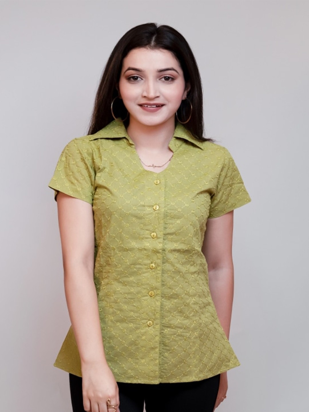 

KALINI Embroidered Shirt Collar Pure Cotton Kurti, Green