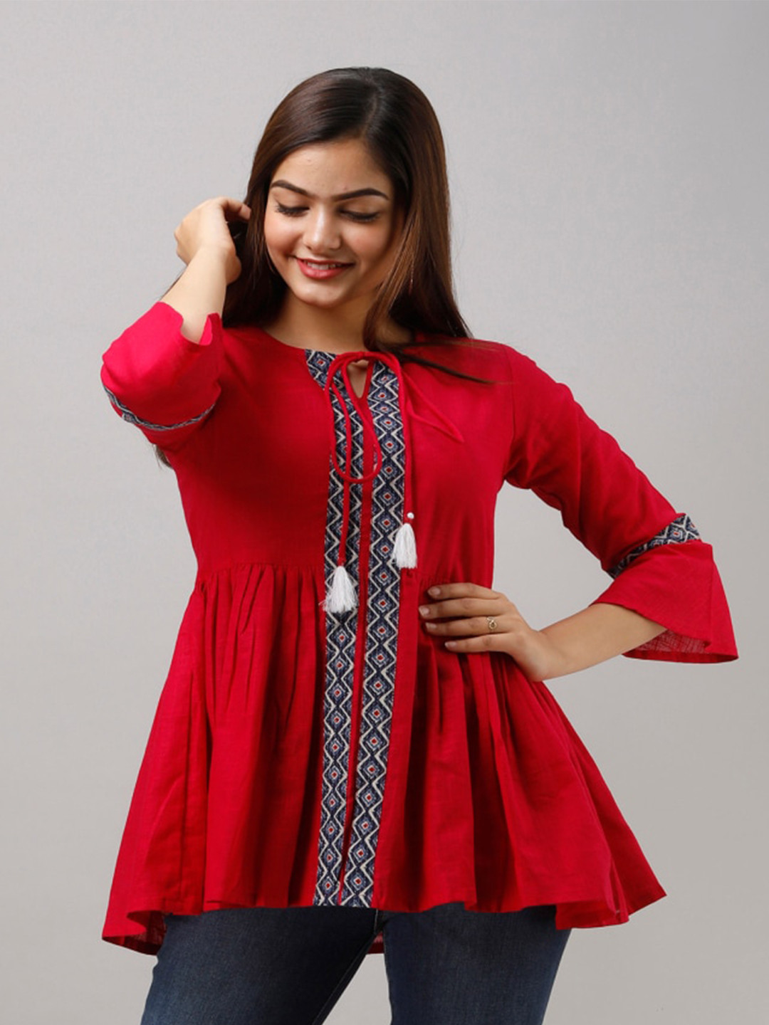 

KALINI Printed Tie-Up Neck Anarkali Kurti, Pink