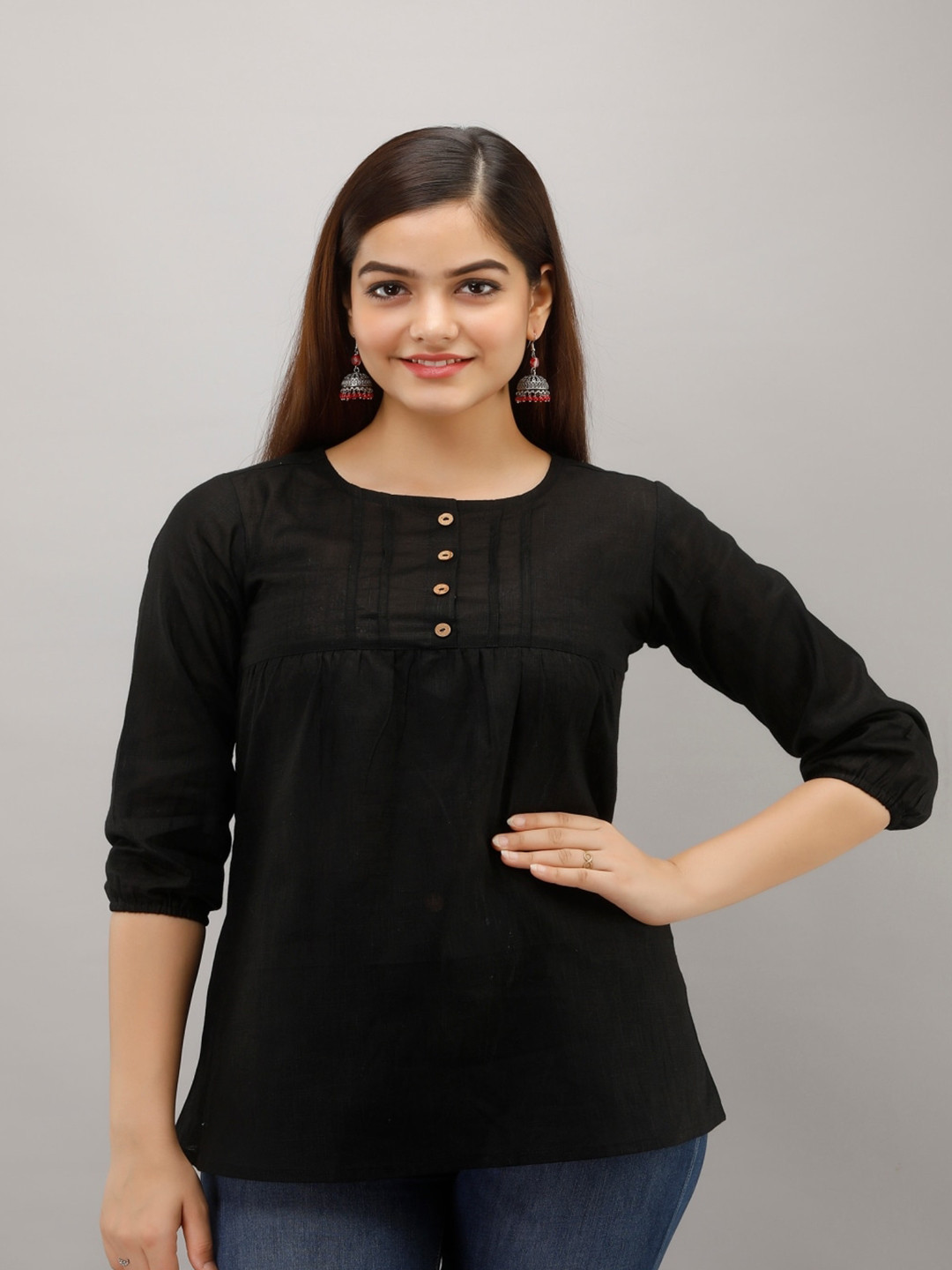 

KALINI Round Neck A-line Kurti, Black