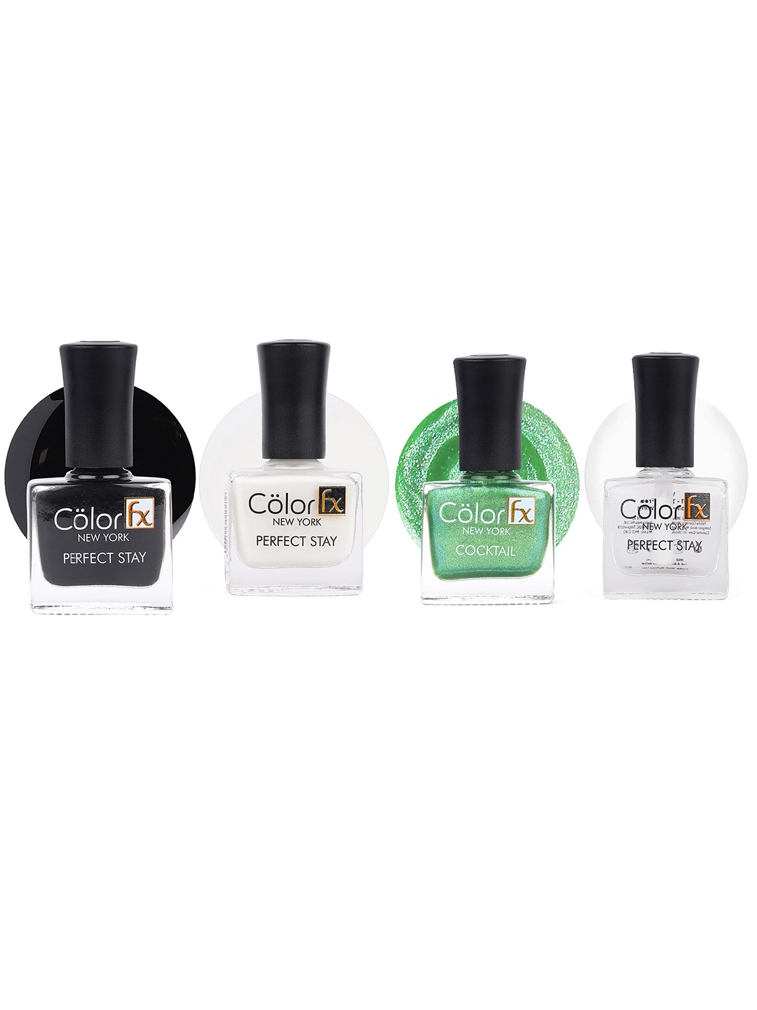 

Color Fx Set Of 4 Perfect Stay & Cocktail Nail Enamels - Top Coat + Green + Black + White, Multi