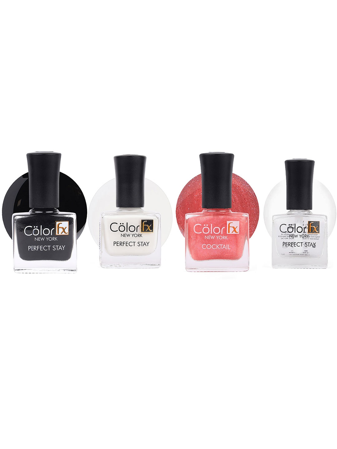 

Color Fx Set Of 4 Perfect Stay & Cocktail Nail Enamel 9ml Each - Pink+Black+White+Top Coat, Multi