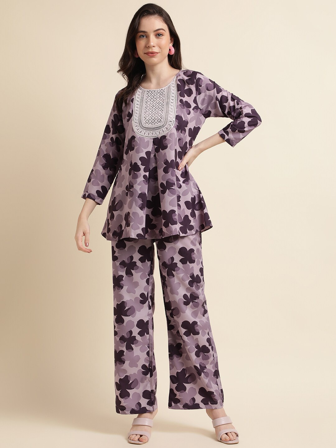 

Sangria Printed Round Neck Co-Ords, Purple