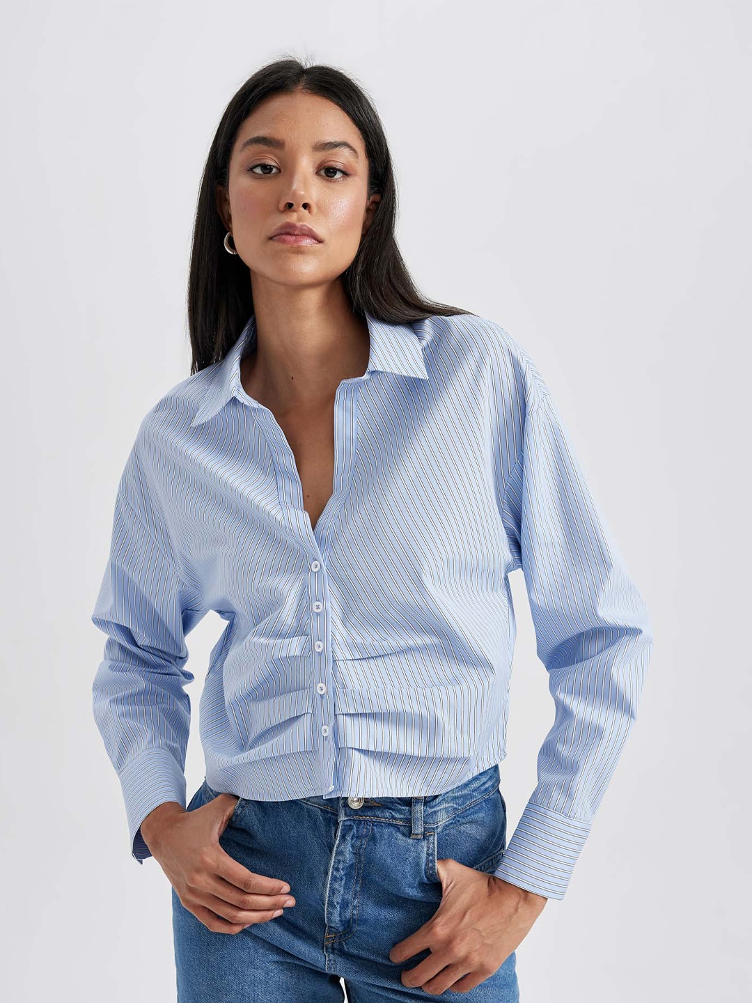 

DeFacto Vertical Striped Spread Collar Pure Cotton Casual Shirt, Blue
