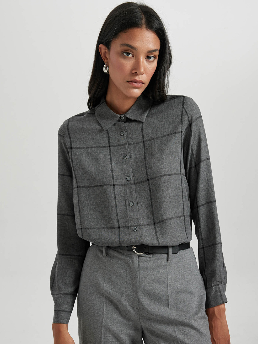

DeFacto Windowpane Checked Casual Shirt, Grey