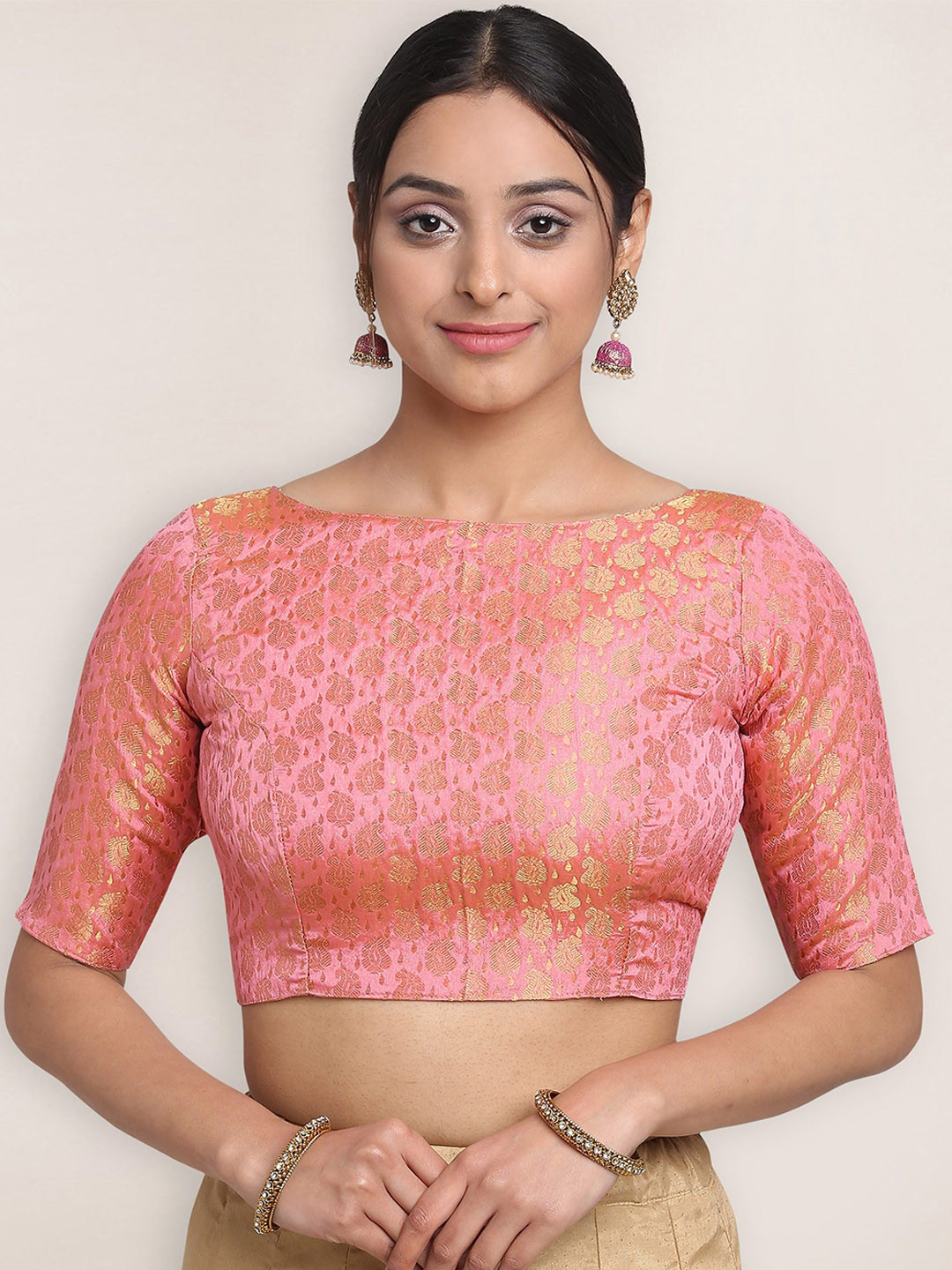 

Oomph! Woven Design Boat Neck Saree Blouse, Pink