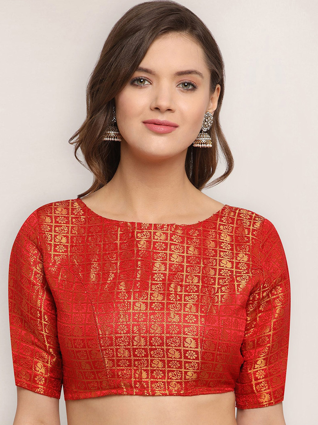 

Oomph! Woven Design Boat Neck Saree Blouse, Red