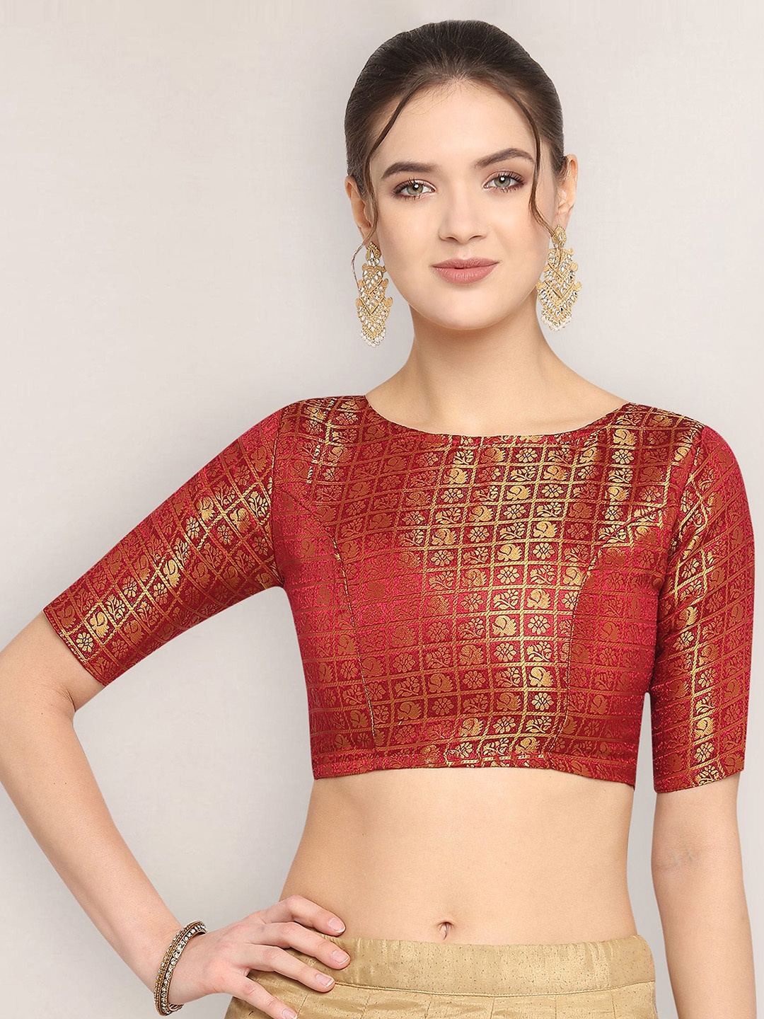 

Oomph! Woven Design Boat Neck Saree Blouse, Red
