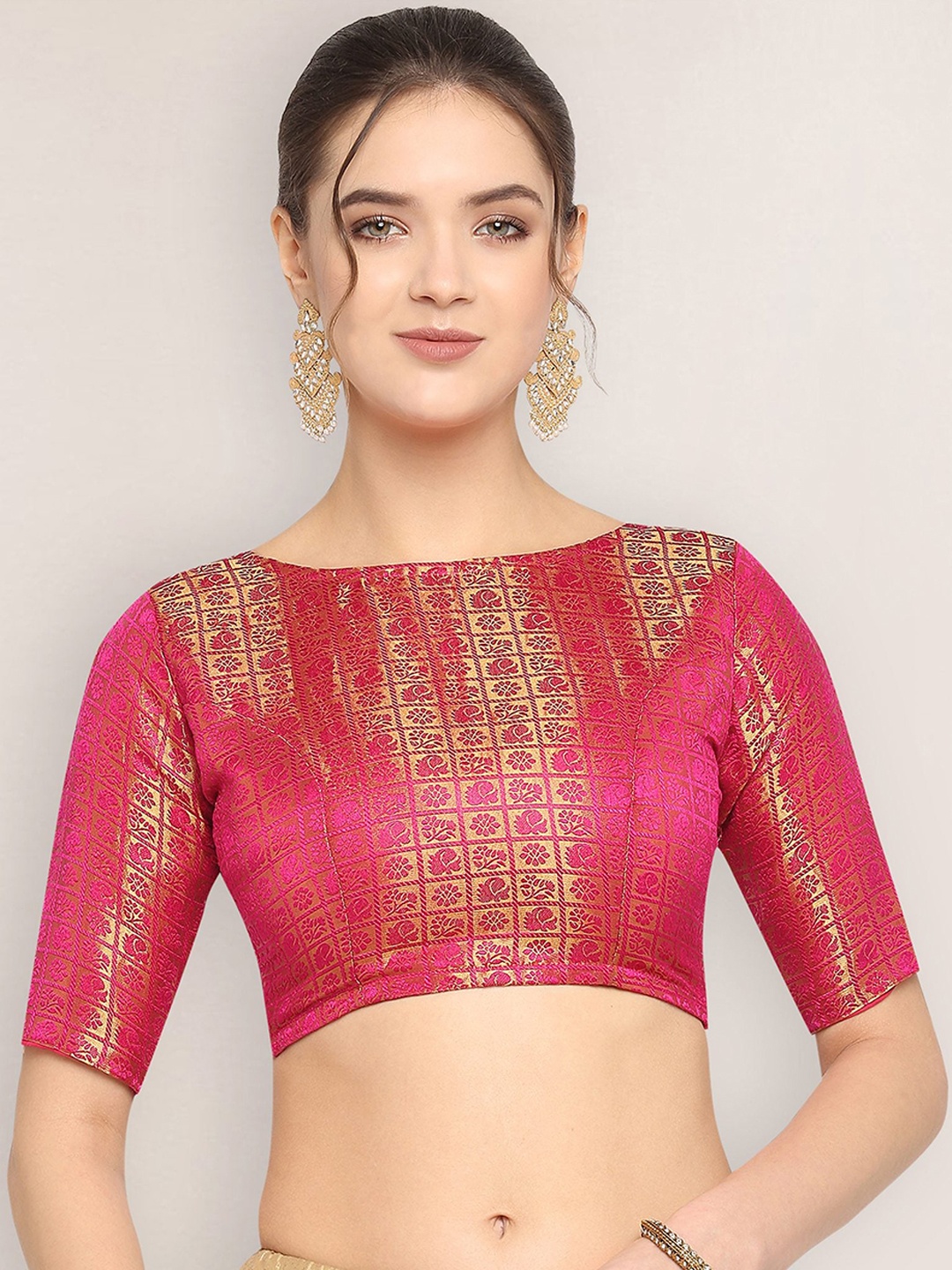 

Oomph! Woven Design Boat Neck Saree Blouse, Pink