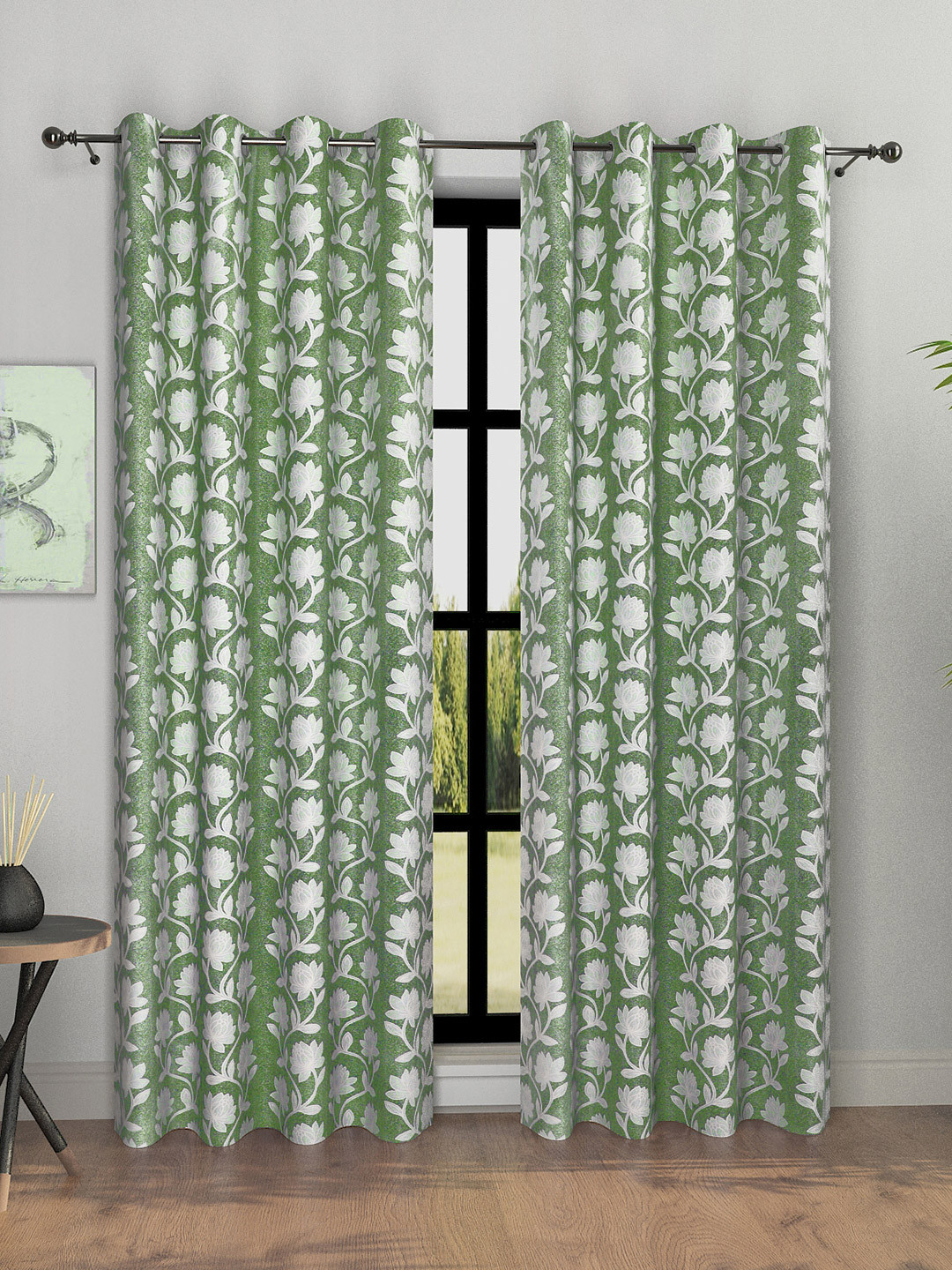 

ROMEE 2 Pcs Sea Green & White Floral Room Darkening Door Curtain