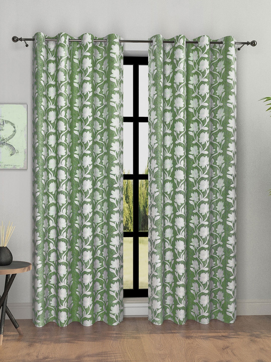 

ROMEE 2 Pcs Sea Green & White Floral Room Darkening Long Door Curtain