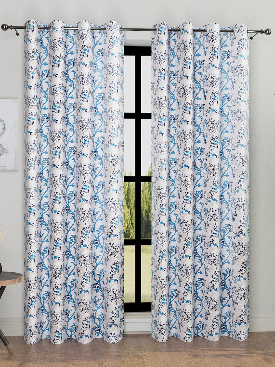 

ROMEE Blue & White 2 Pieces Floral Room Darkening Door Curtains