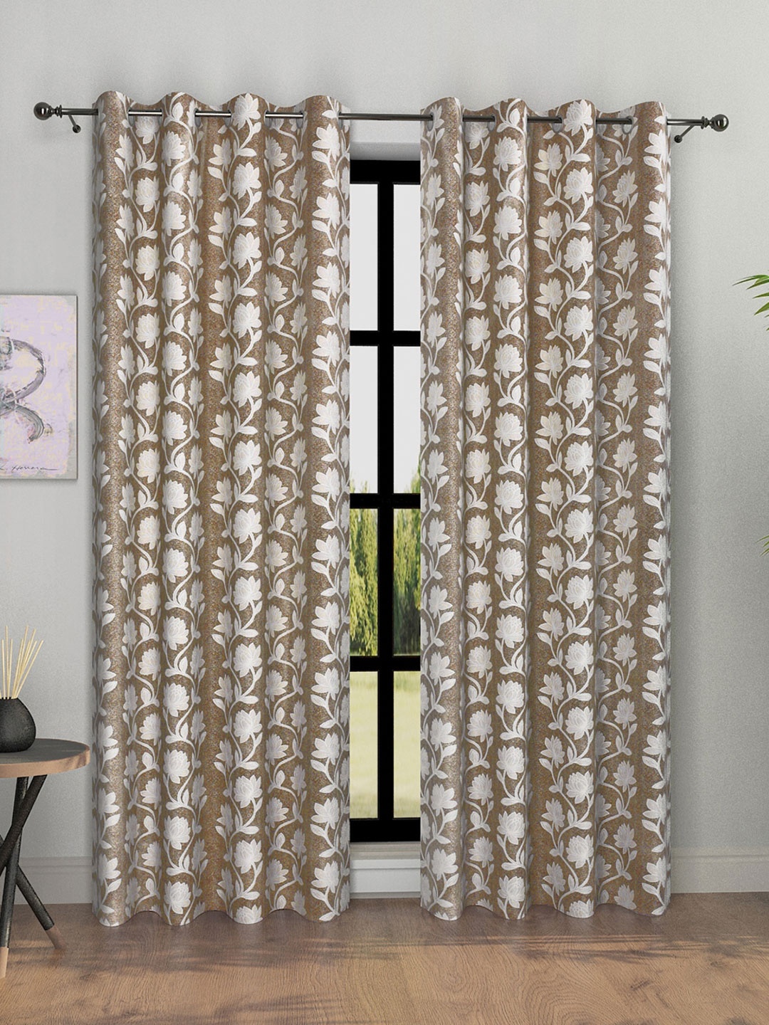 ROMEE Brown & White 2 Pieces Floral Room Darkening Long Door Curtains