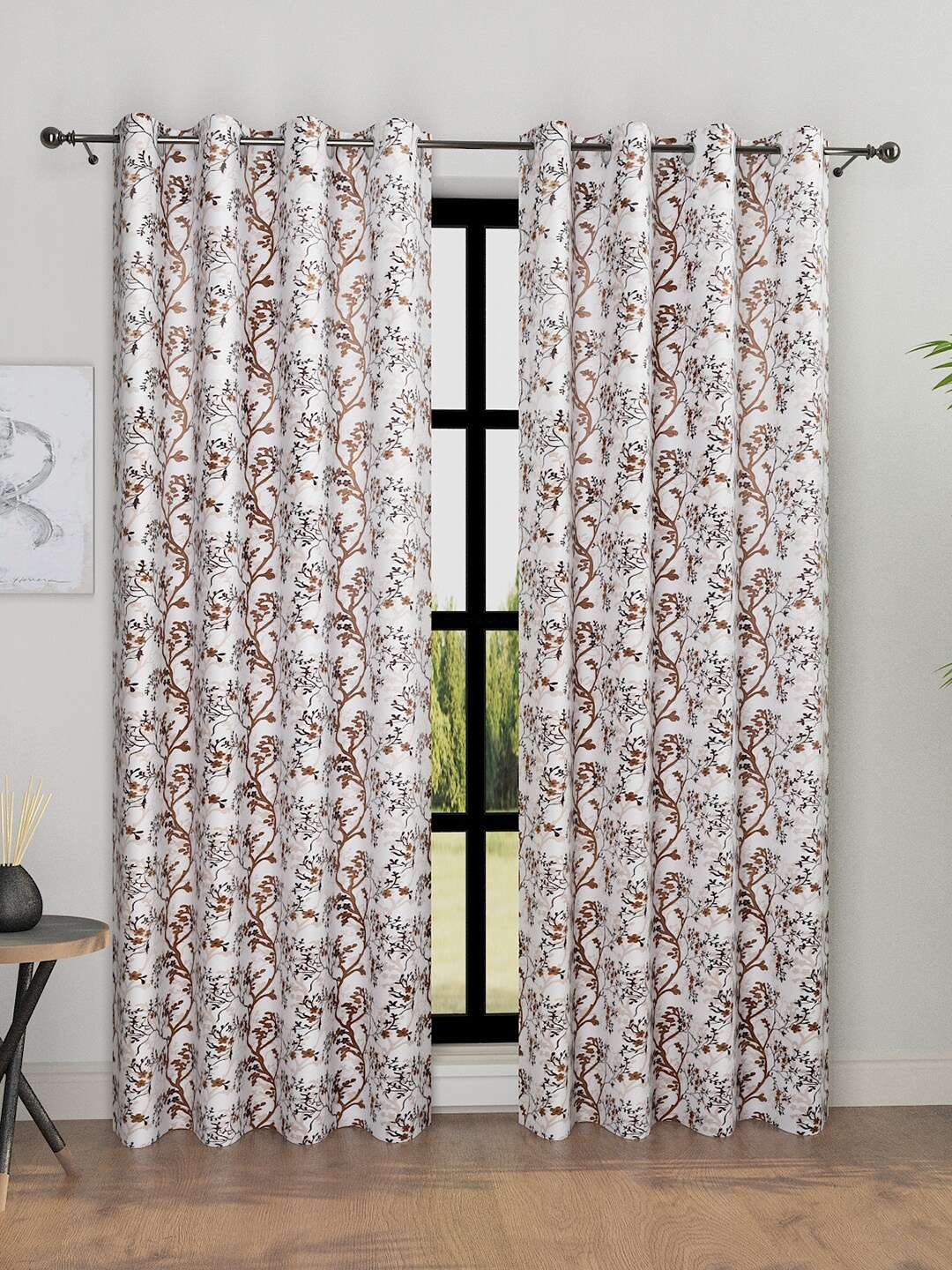 

ROMEE 2 Pcs White & Brown Floral Room Darkening Door Curtain