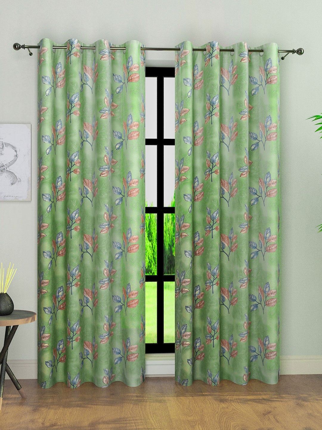

ROMEE Green & Blue 2 Pieces Floral Room Darkening Door Curtains