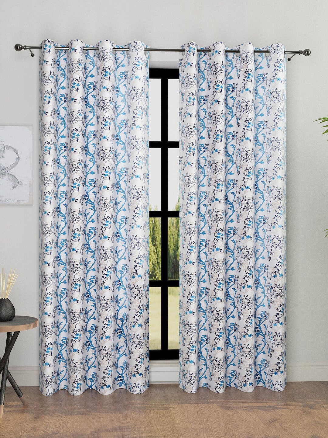 

ROMEE 2 Pcs White & Blue Floral Room Darkening Long Door Curtain