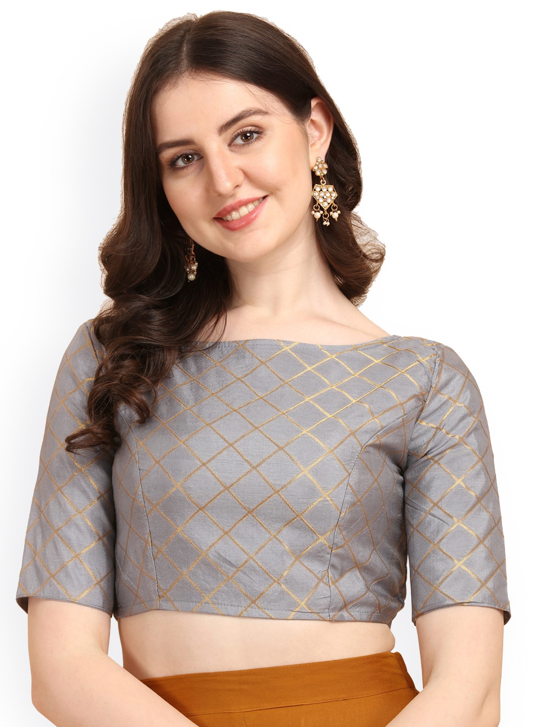 

Oomph! Checked Boat Neck Saree Blouse, Grey