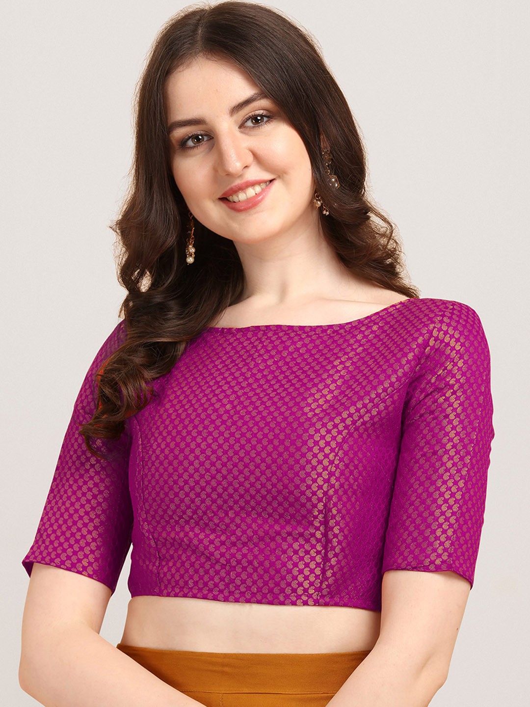 

Oomph! Woven Design Boat Neck Short Sleeve Art Silk Saree Blouse, Pink