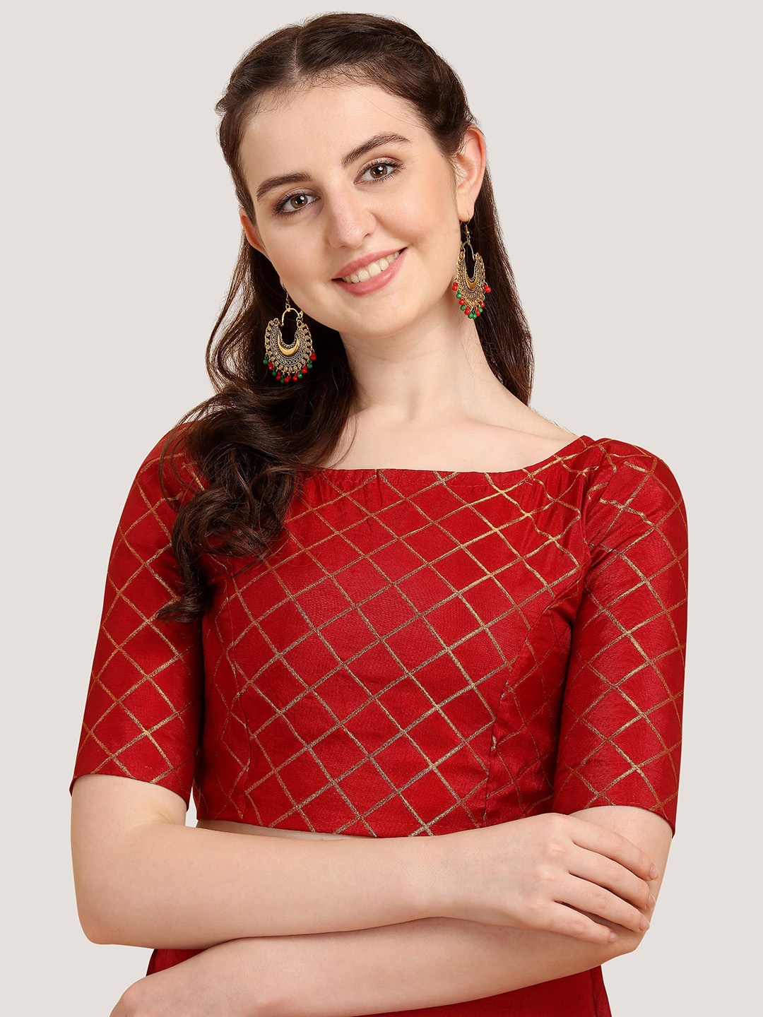 

Oomph! Checked Boat Neck Saree Blouse, Red