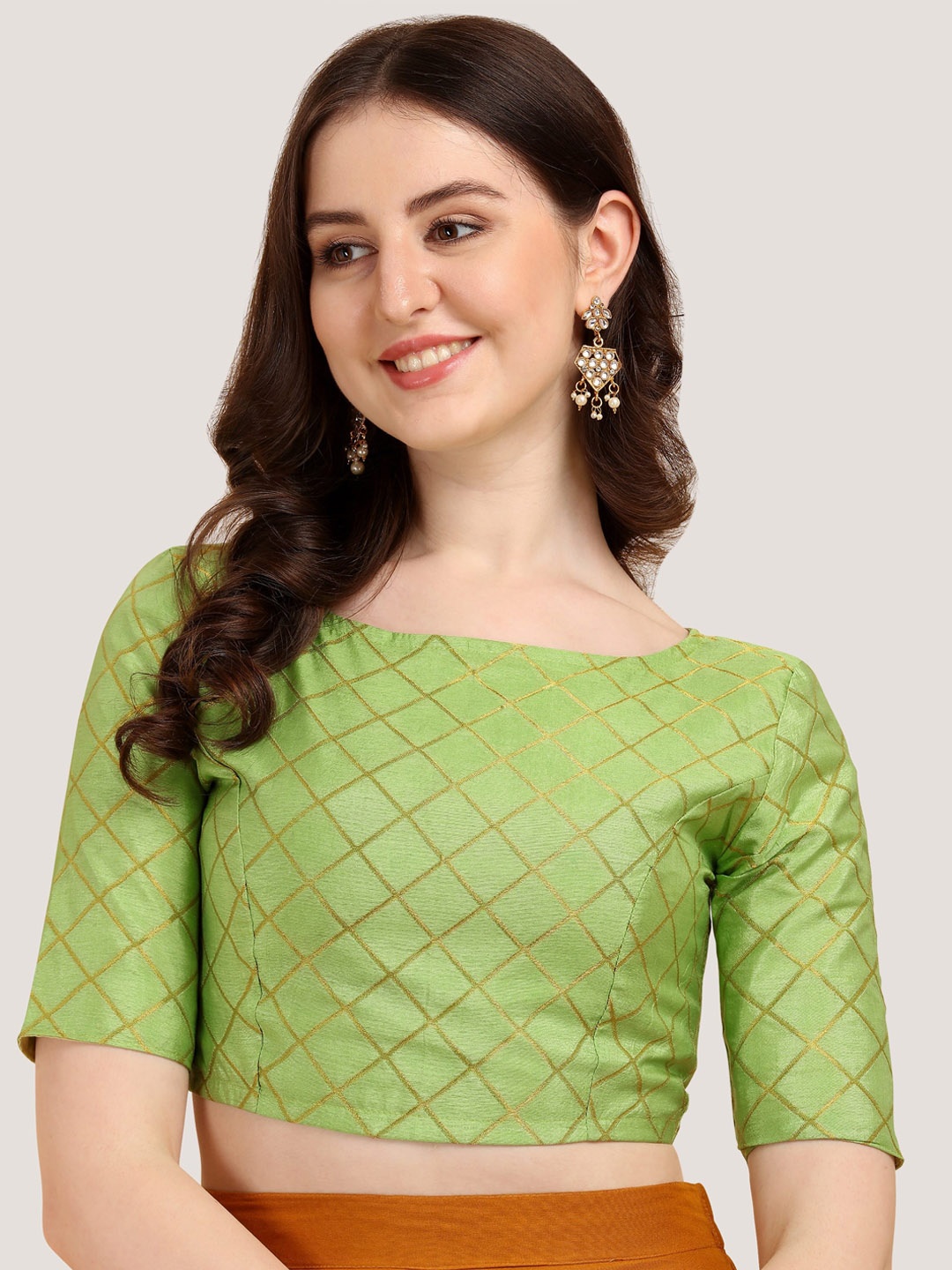 

Oomph! Woven Design Boat Neck Zari Saree Blouse, Green
