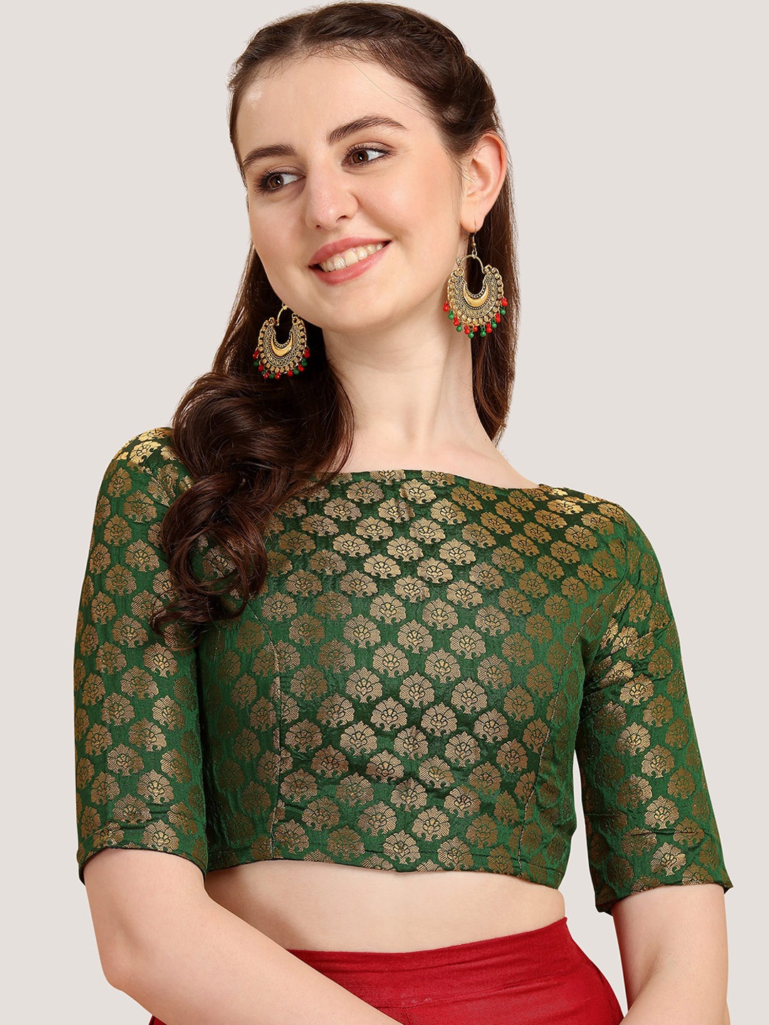 

Oomph! Woven Design Boat Neck Zari Saree Blouse, Green