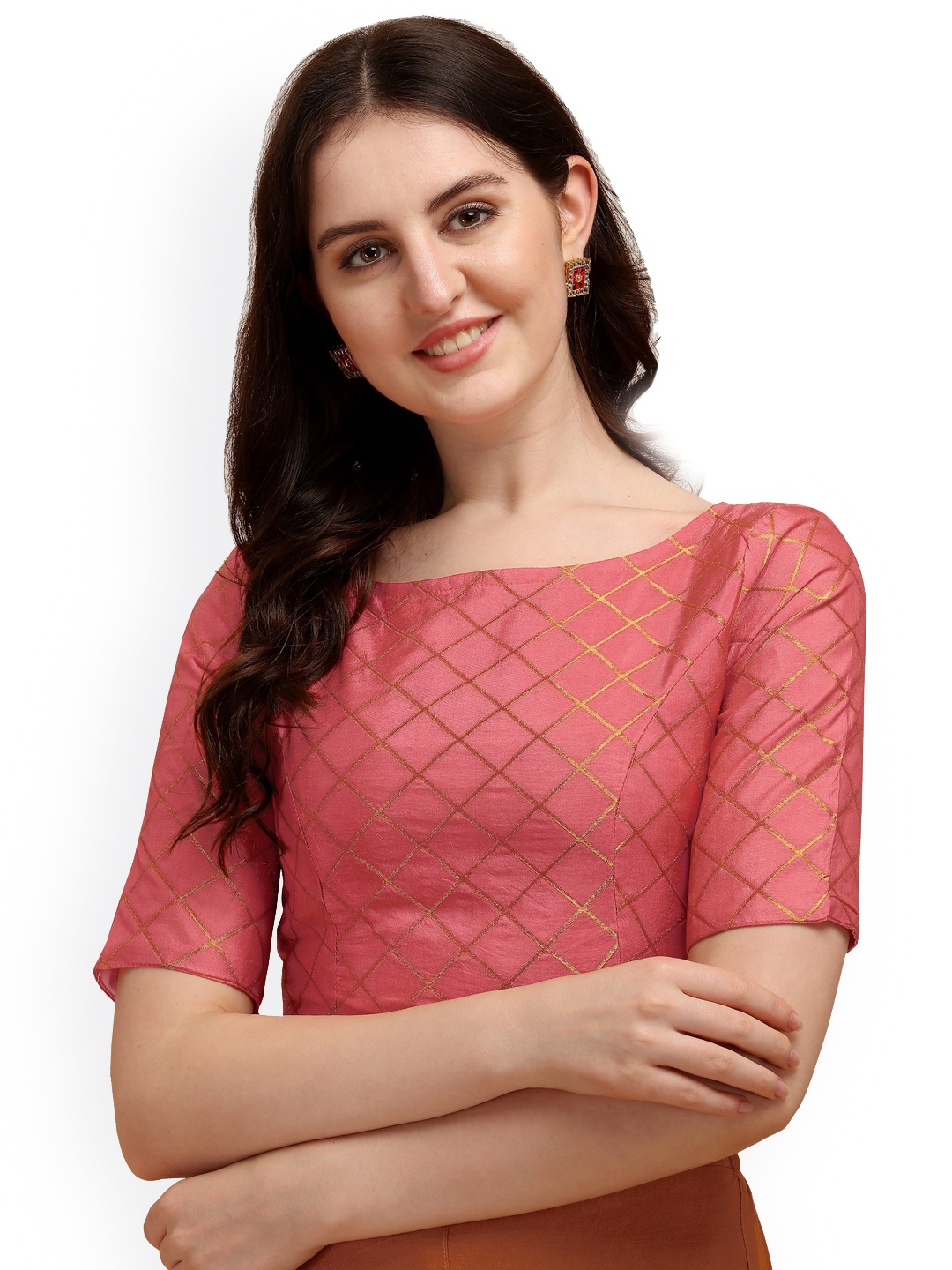 

Oomph! Woven Design Boat Neck Zari Saree Blouse, Pink