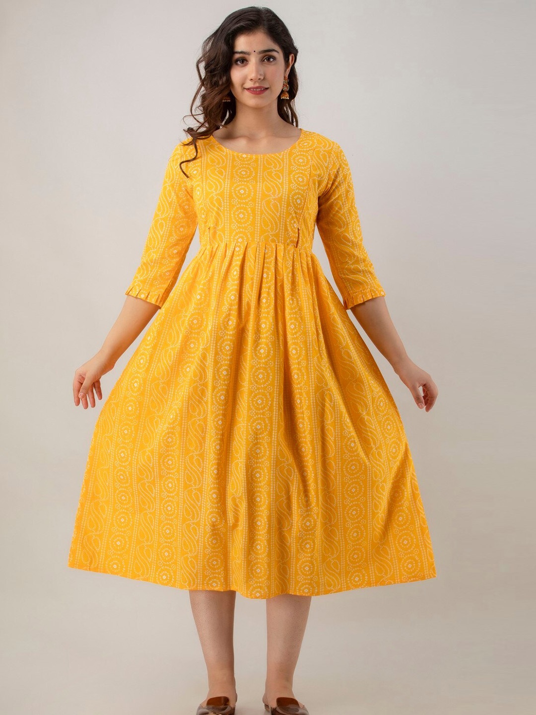 

Henal Ethnic Motifs Printed Round Neck Cotton Maternity Anarkali Kurta, Yellow