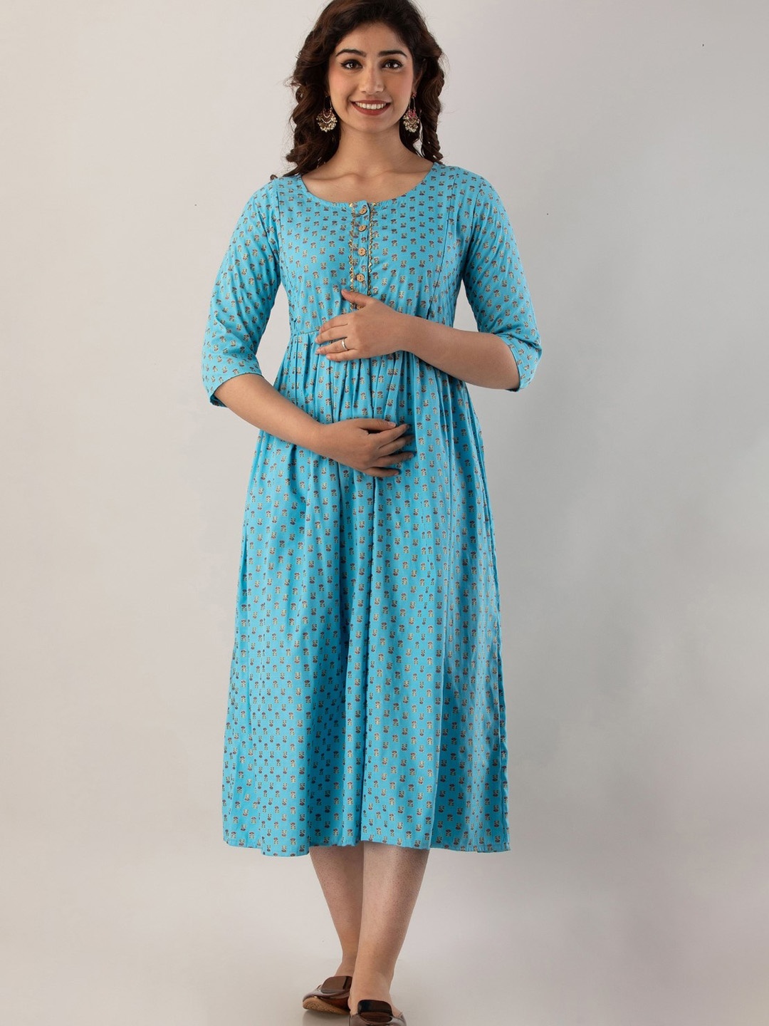 

Henal Ethnic Motifs Printed Gotta Patti Cotton Maternity Fit and Flare Ethnic Dresses, Turquoise blue